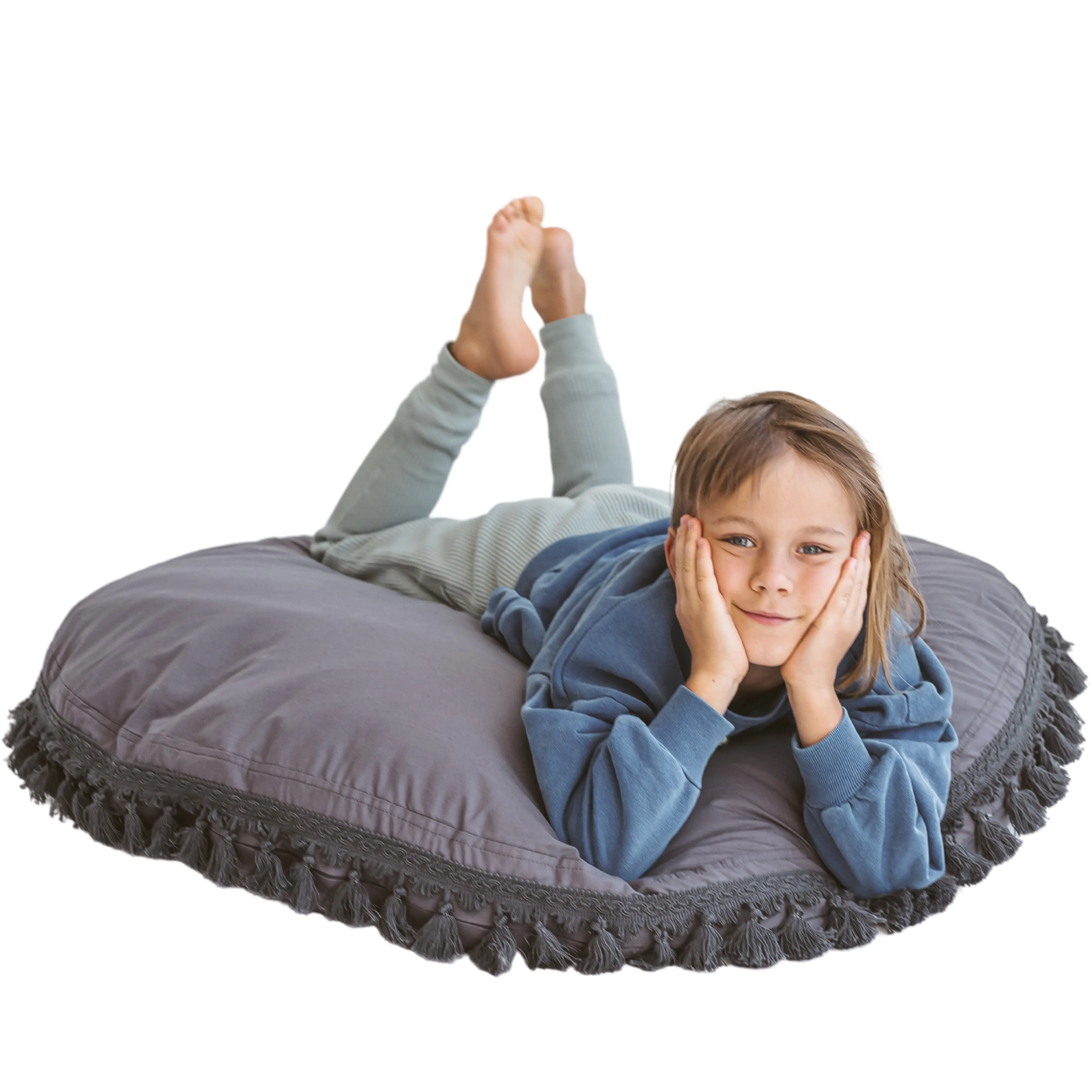 Grey Large Floor Cushion with Tassels - Image 7