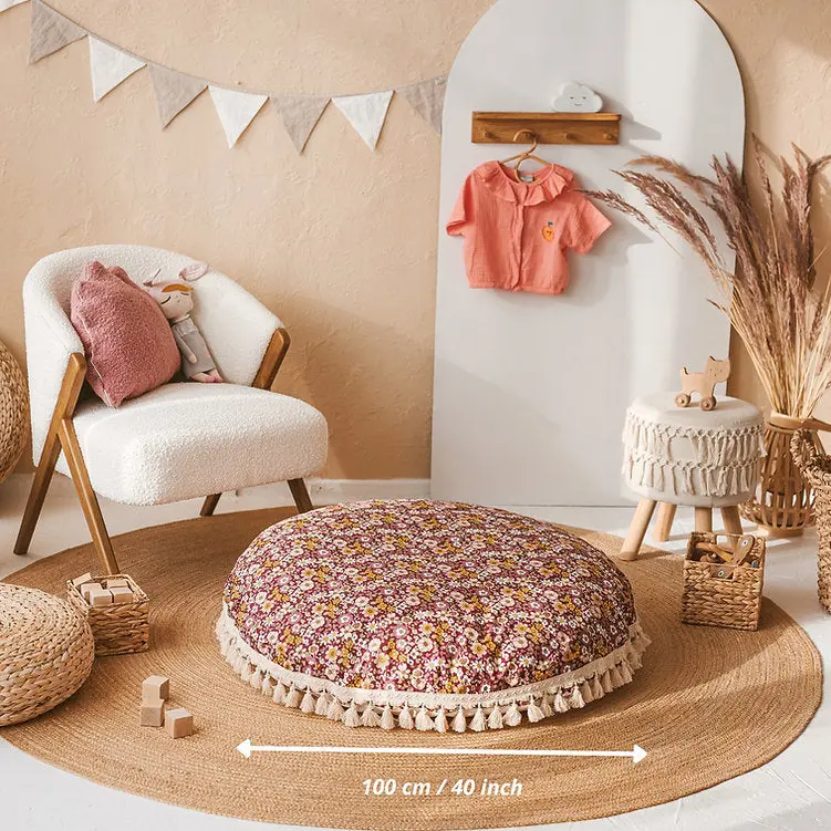 Large Kids Floor Cushion in Burgundy Floral Pattern - Image 2