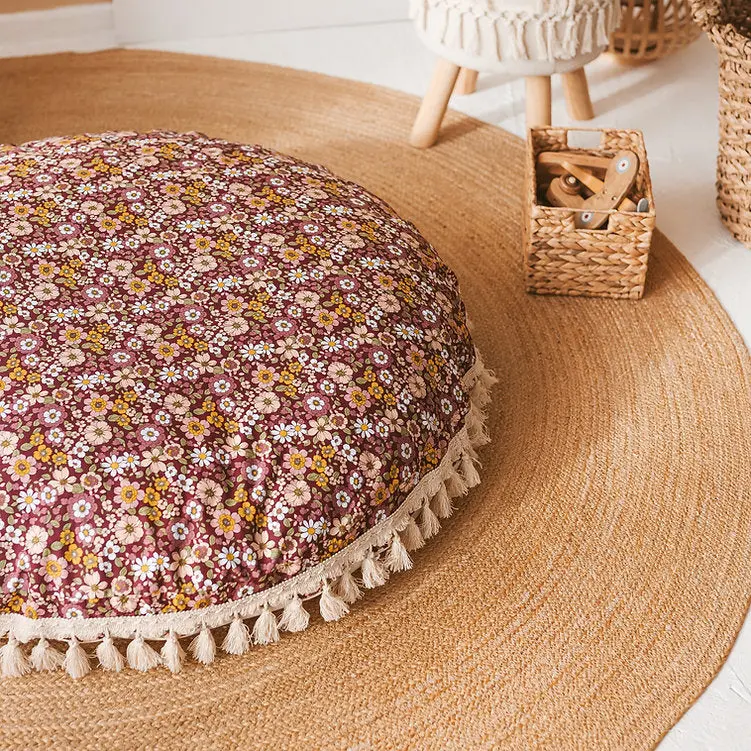 Large Kids Floor Cushion in Burgundy Floral Pattern - Image 3