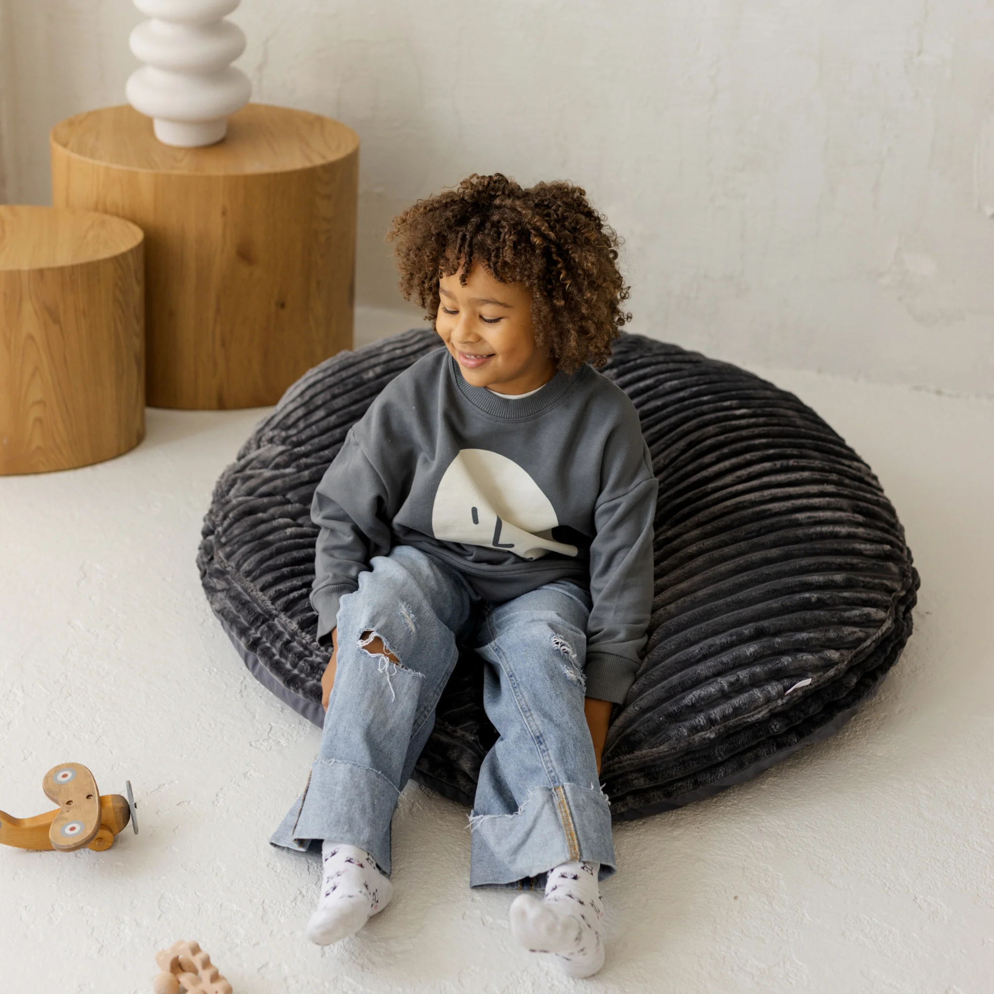 Large Kids Floor Cushion in dark grey corduroy - Image 2