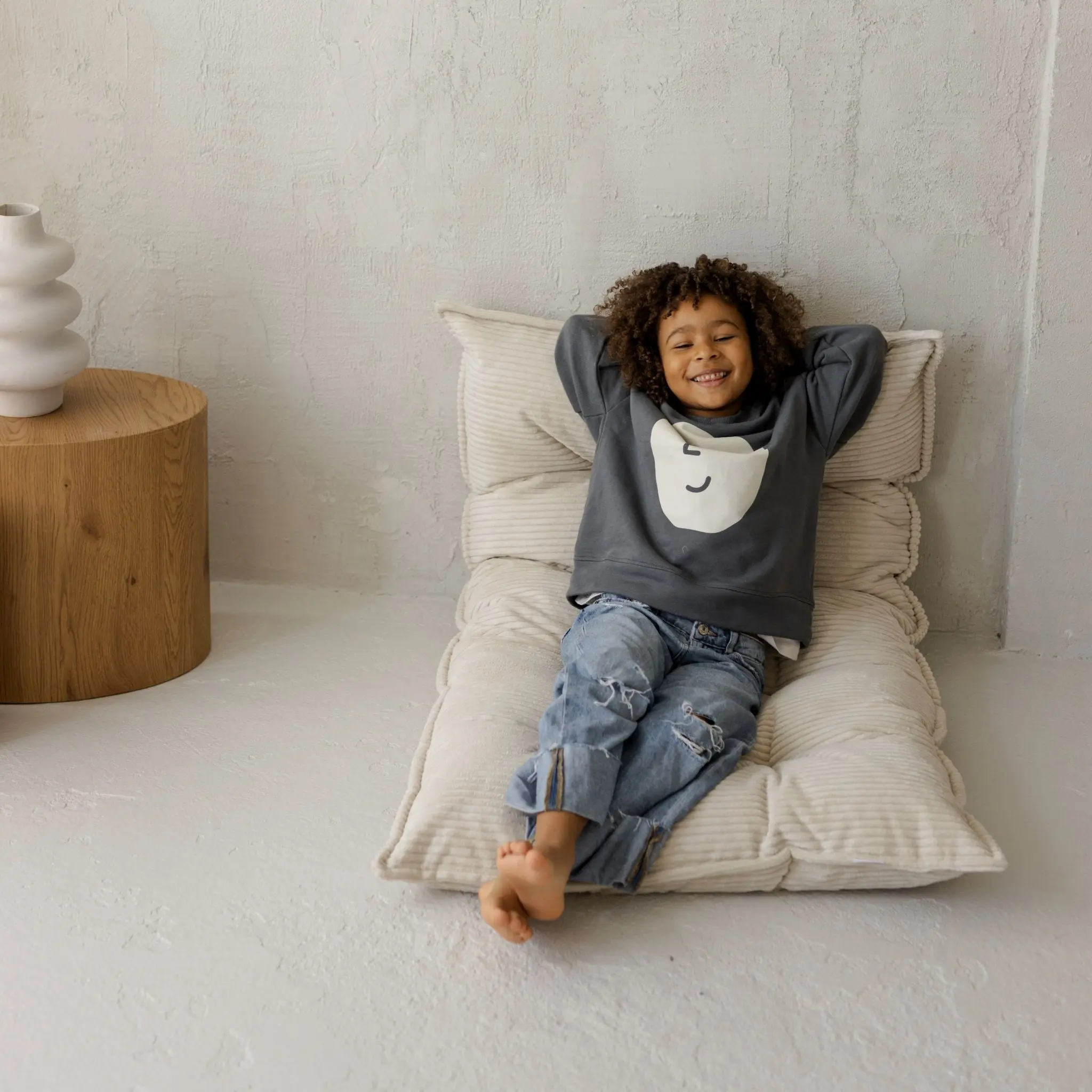Ecru Tufted Corduroy Floor Cushion, French Style Pillow - Image 3