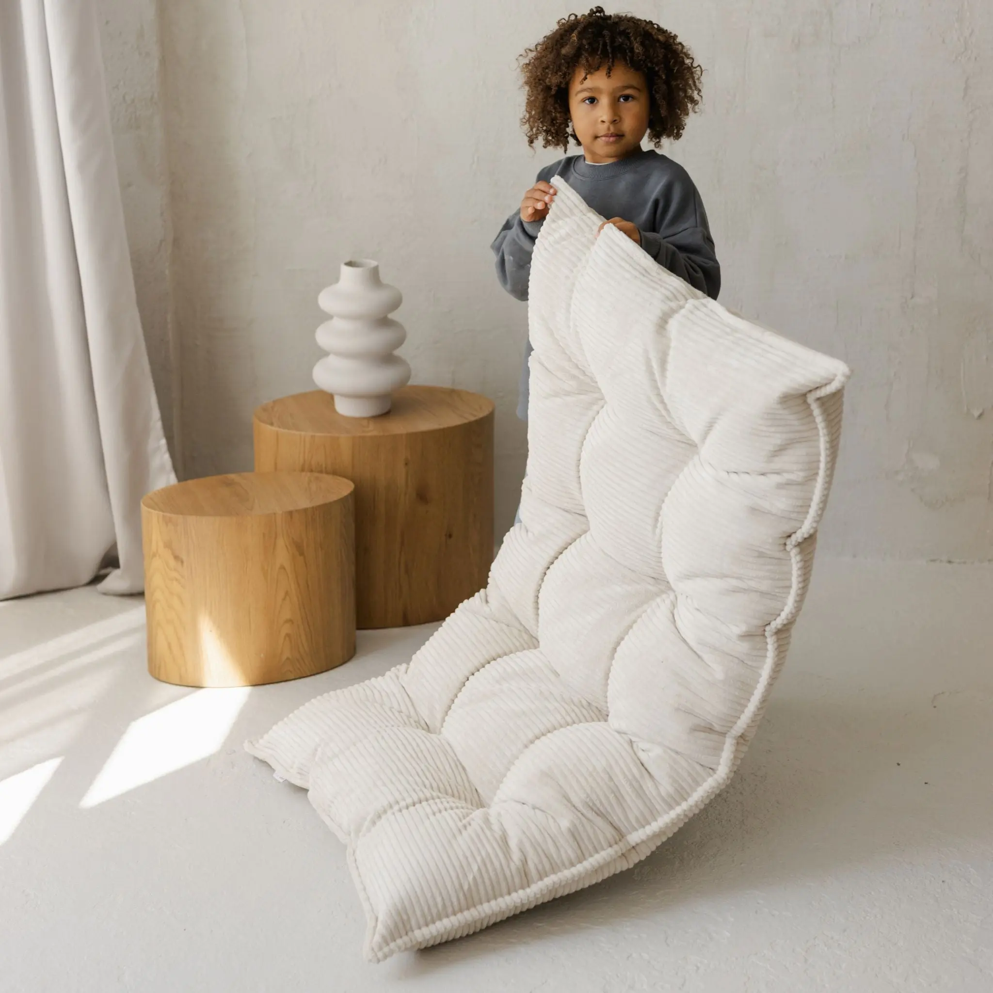 Ecru Tufted Corduroy Floor Cushion, French Style Pillow - Image 5