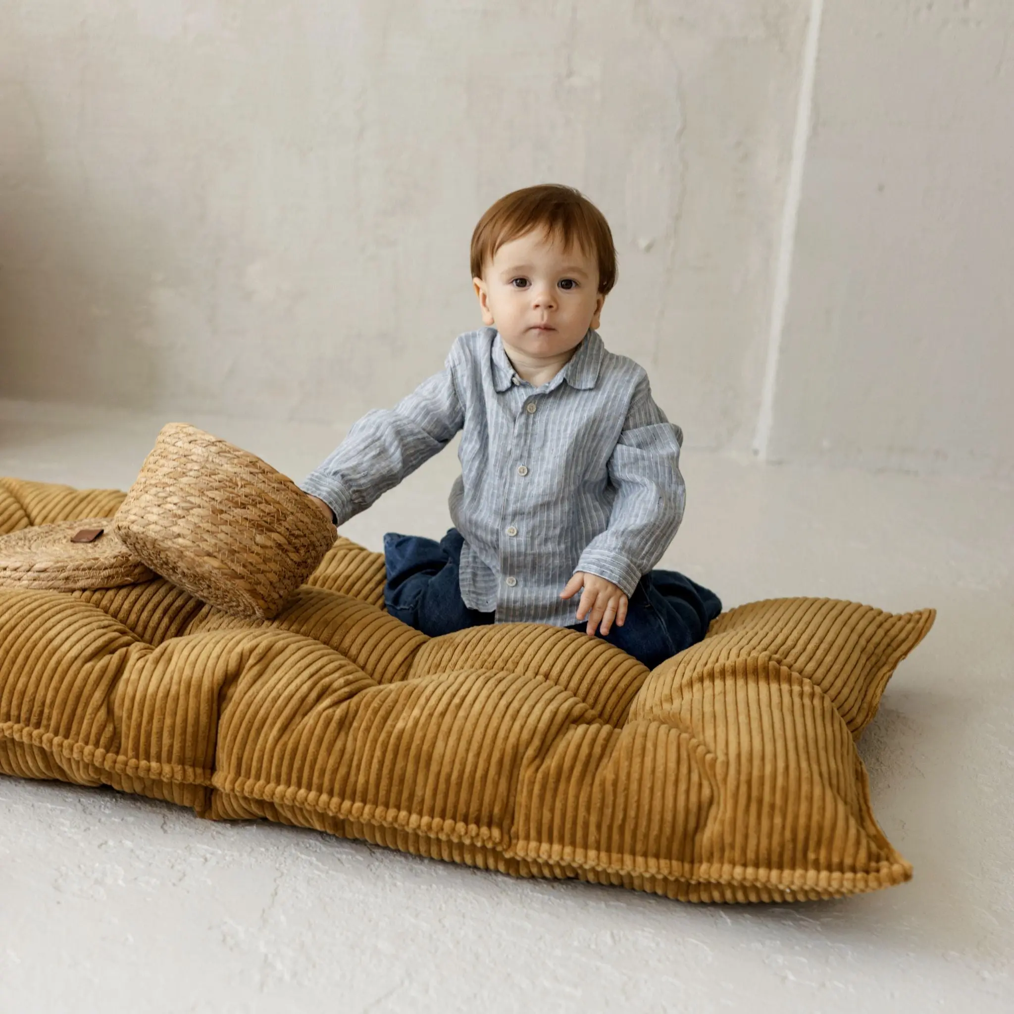 Mustard Tufted Corduroy Floor Cushion, French Style Pillow - Image 2