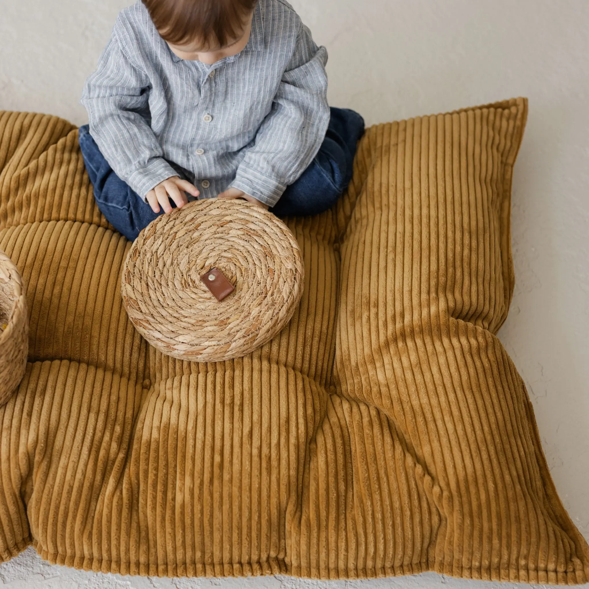 Mustard Tufted Corduroy Floor Cushion, French Style Pillow - Image 3