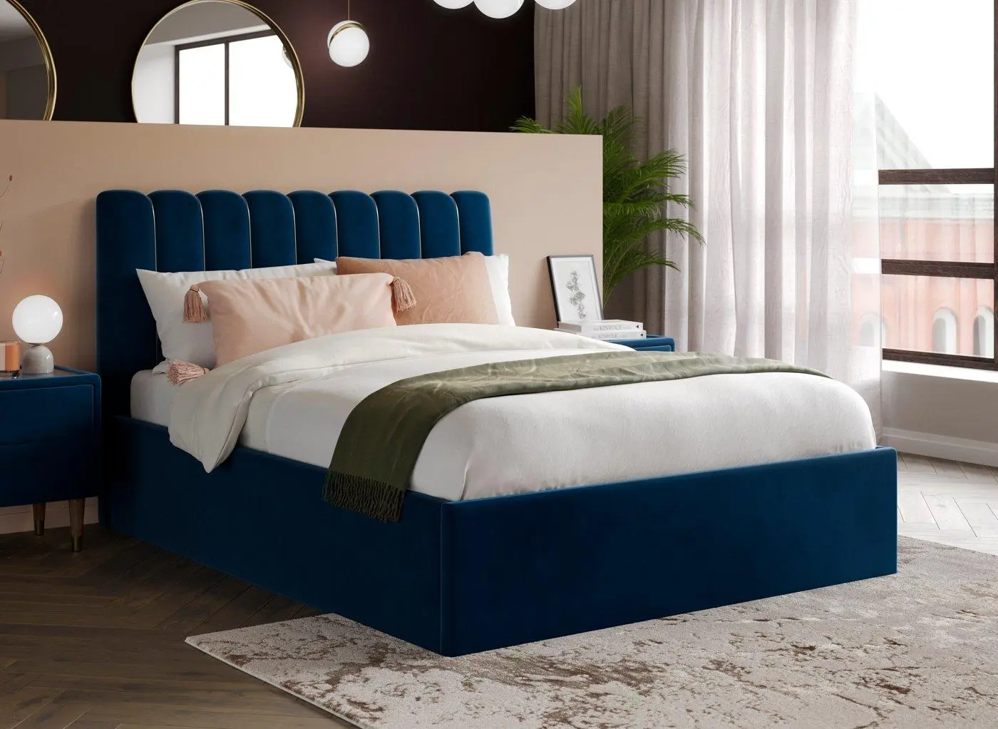 Mount Velvet-Finish Ottoman Bed Frame - Blue