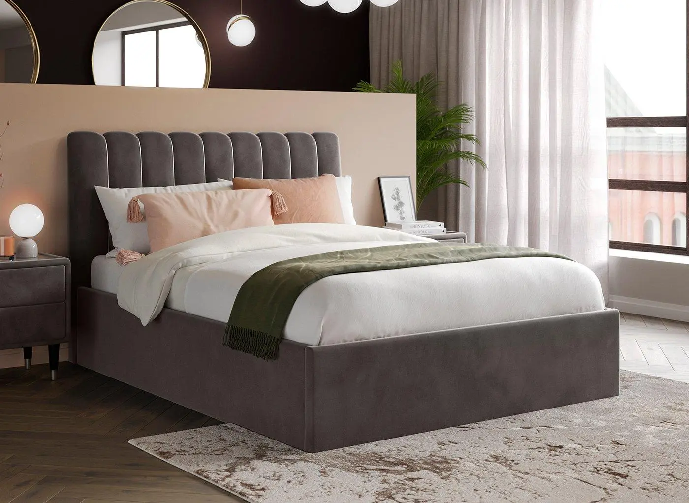 Mount Velvet-Finish Ottoman Bed Frame - Grey