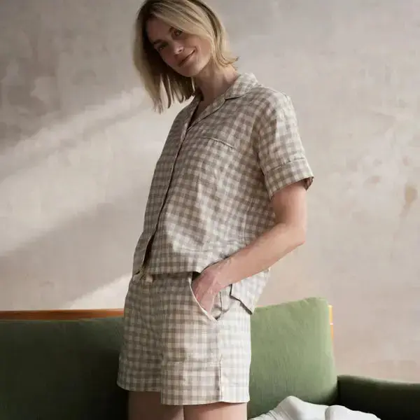 Berry Gingham Gingham Linen Blend Women's Pyjama Short Set - Image 15