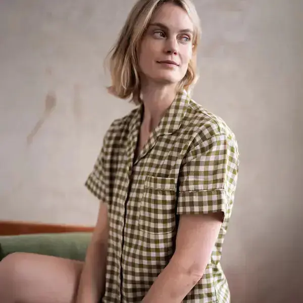Berry Gingham Gingham Linen Blend Women's Pyjama Short Set - Image 12