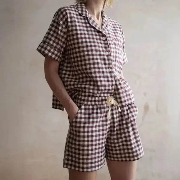 Berry Gingham Gingham Linen Blend Women's Pyjama Short Set - Image 2