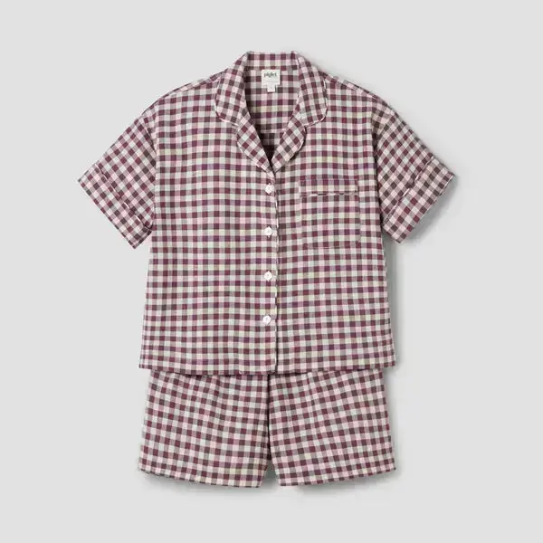 Berry Gingham Gingham Linen Blend Women's Pyjama Short Set - Image 3