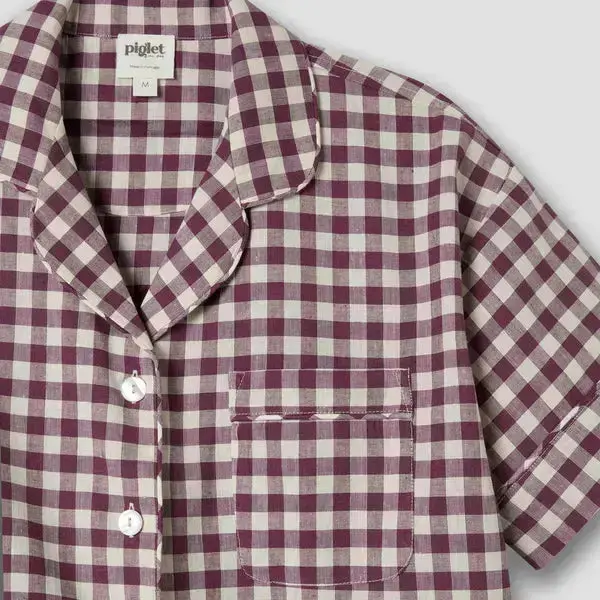 Berry Gingham Gingham Linen Blend Women's Pyjama Short Set - Image 5