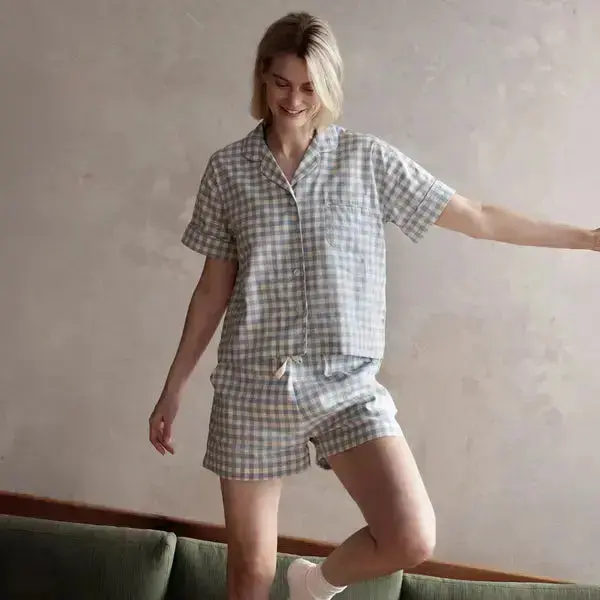 Berry Gingham Gingham Linen Blend Women's Pyjama Short Set - Image 6