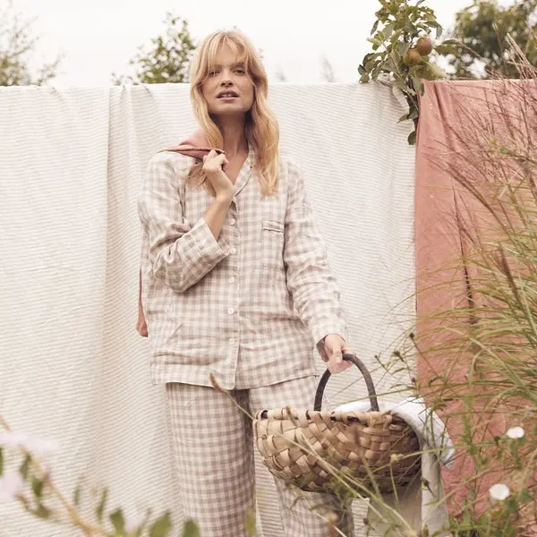 Mushroom Gingham Women's Linen Blend Pyjama Trouser Set - Image 3