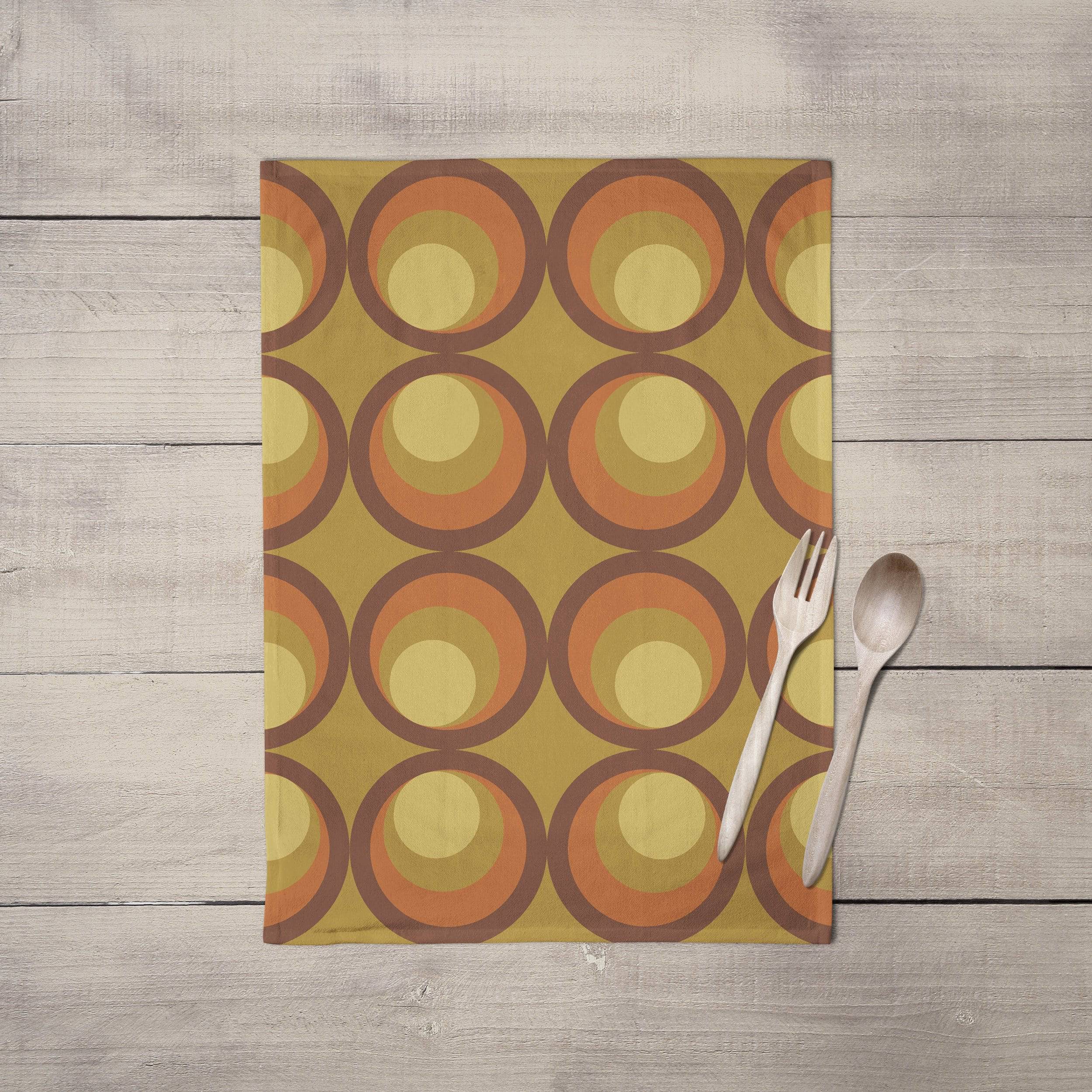Mustard Yellow Tea Towel with Orange and Brown Retro Design, Dish Towels, Kitchen Towels - Image 3
