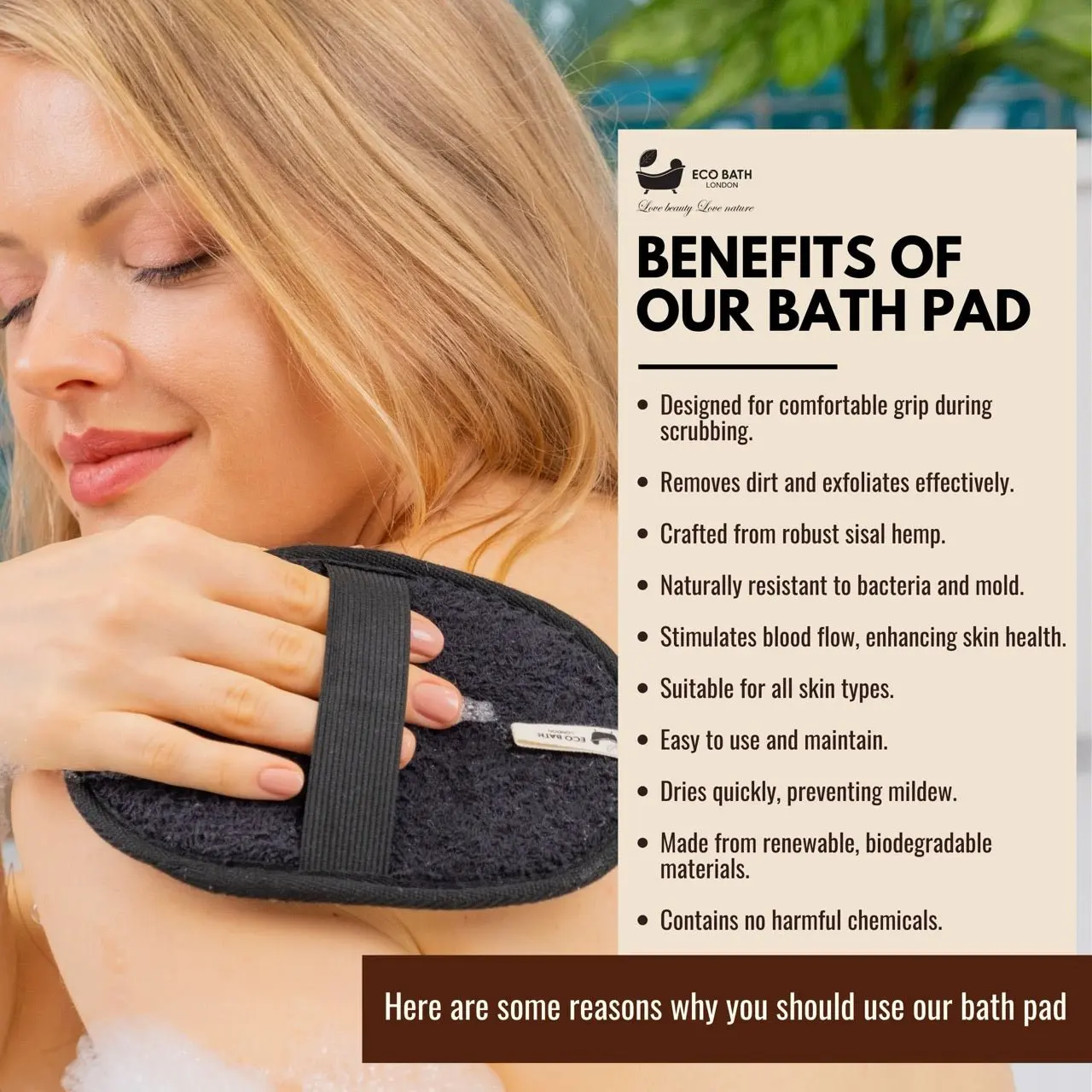 Natural Sisal Hemp Bath Pad Black - Image 3