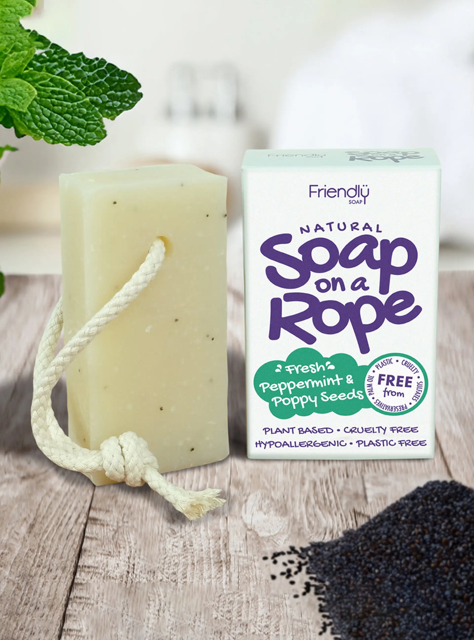 Natural Soap On A Rope - 'Fresh' Peppermint & Poppyseeds 125g
