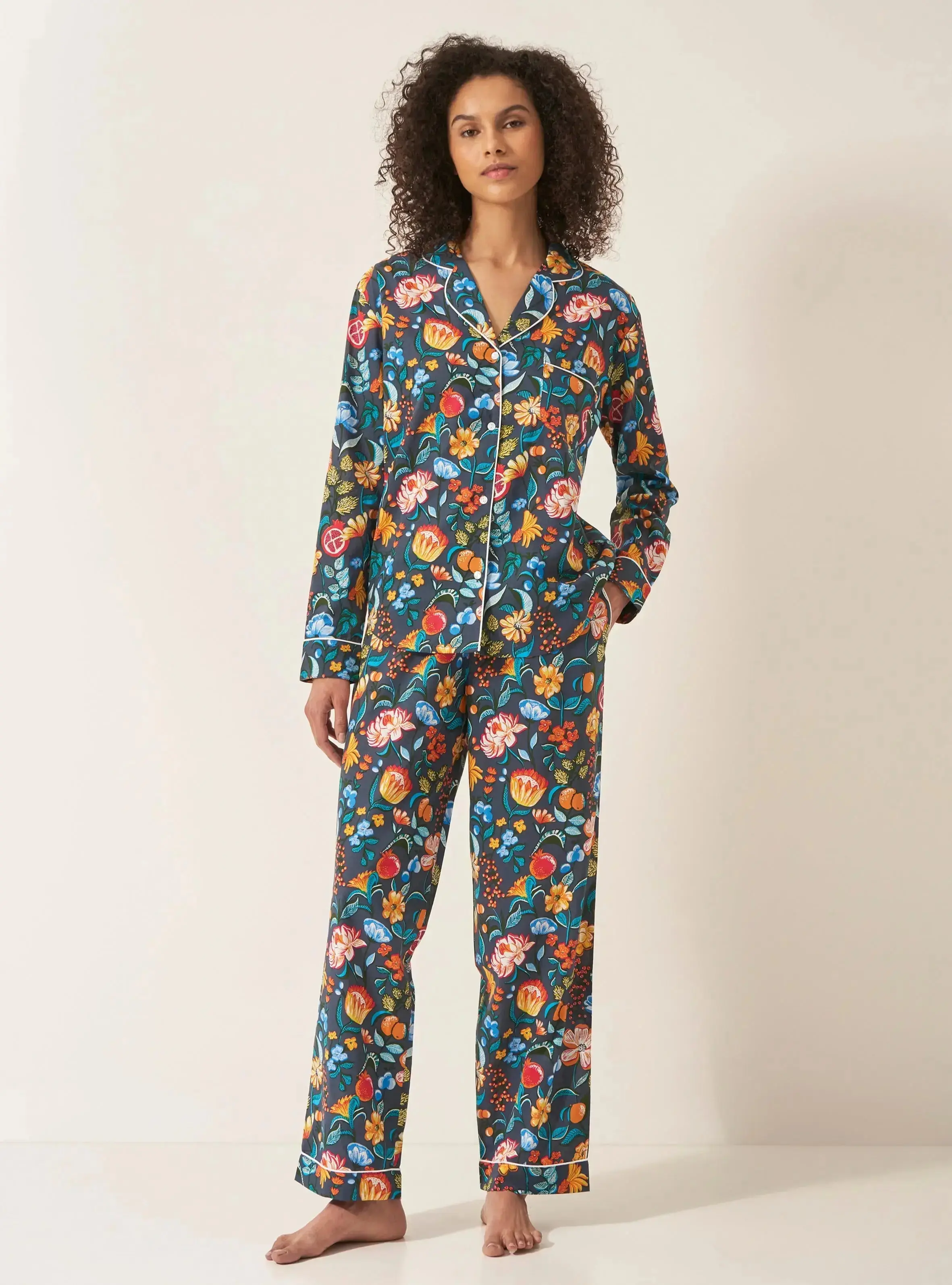 Florals on Navy Women's Long Sleeve Organic Cotton Pyjama Trouser Set - Image 2