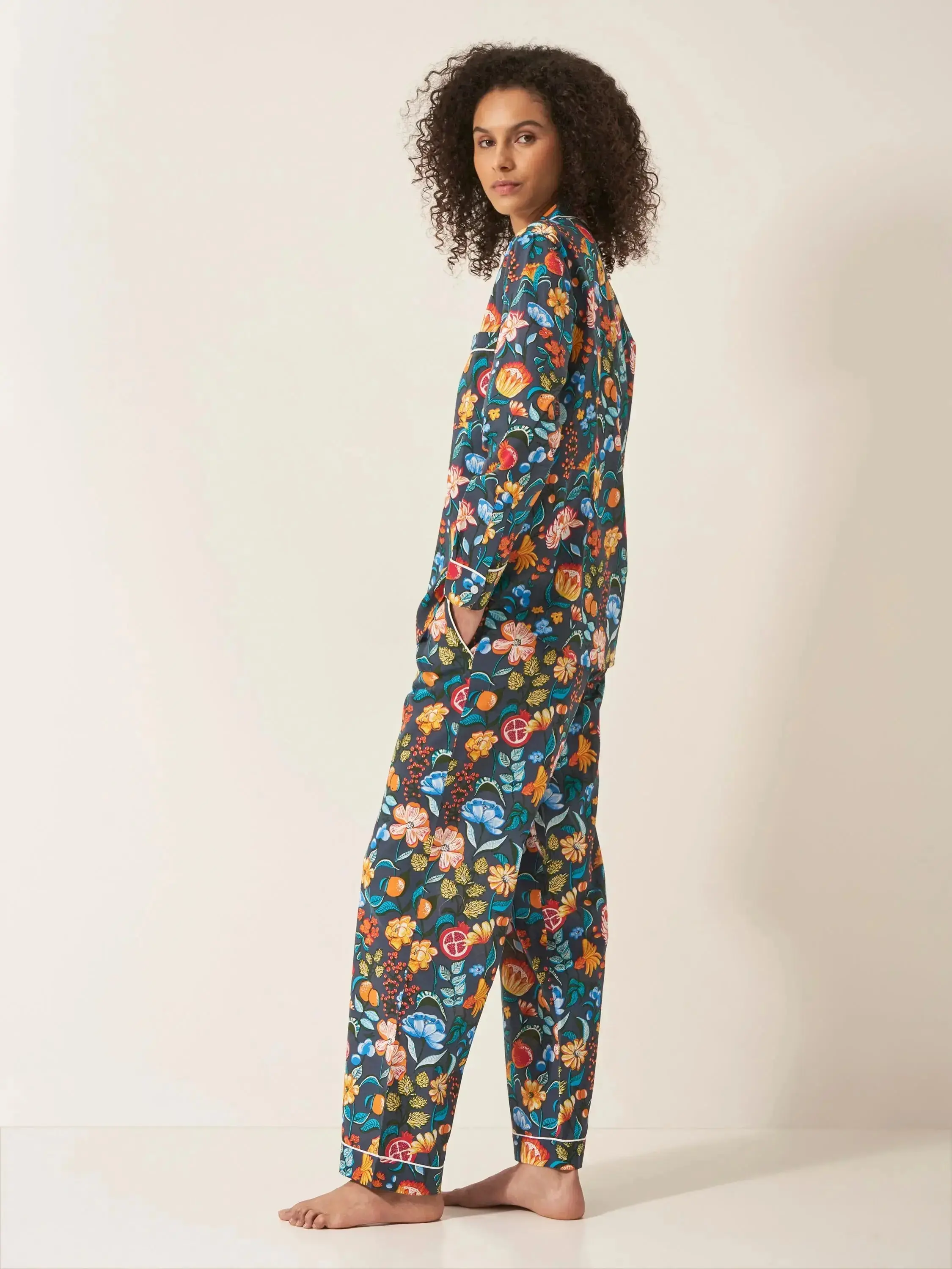 Florals on Navy Women's Long Sleeve Organic Cotton Pyjama Trouser Set - Image 3
