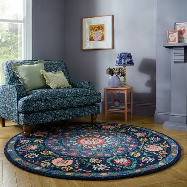 Navy Hani Floral Washable Rug