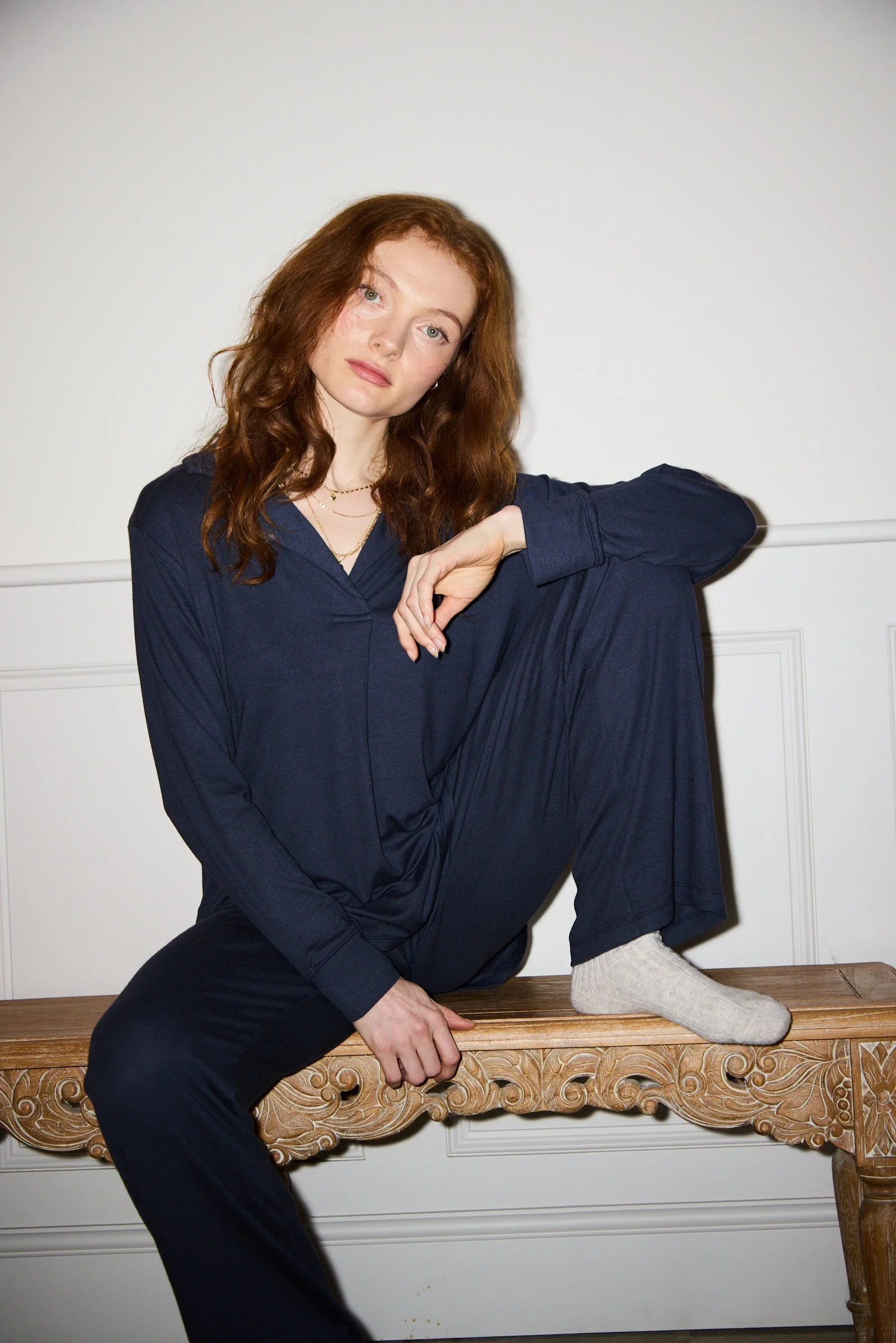 Navy Oversized Retro Ribbed Soft Modal Hero Shirt and Wide Leg Jogger Set