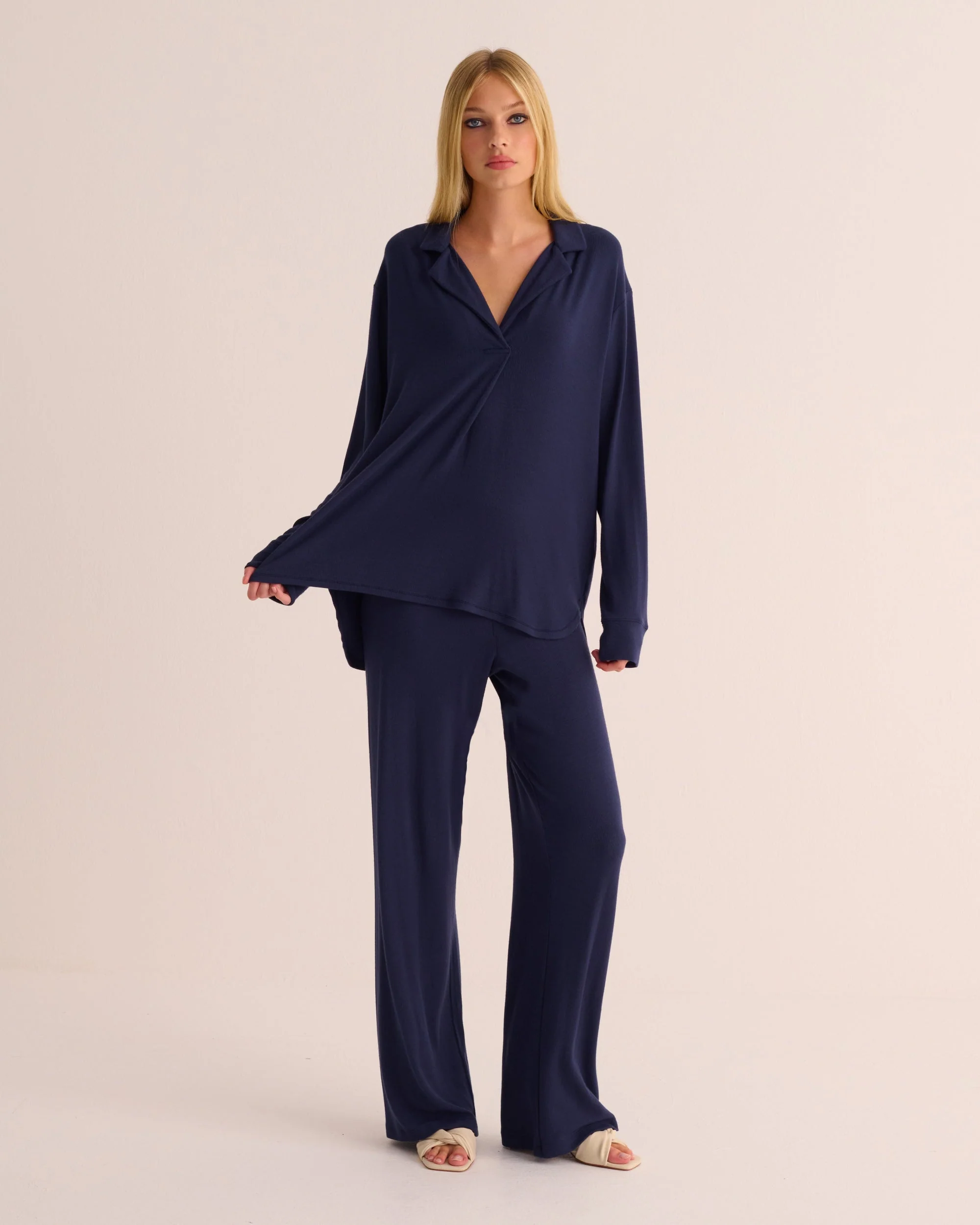 Navy Oversized Retro Ribbed Soft Modal Hero Shirt and Wide Leg Jogger Set - Image 4