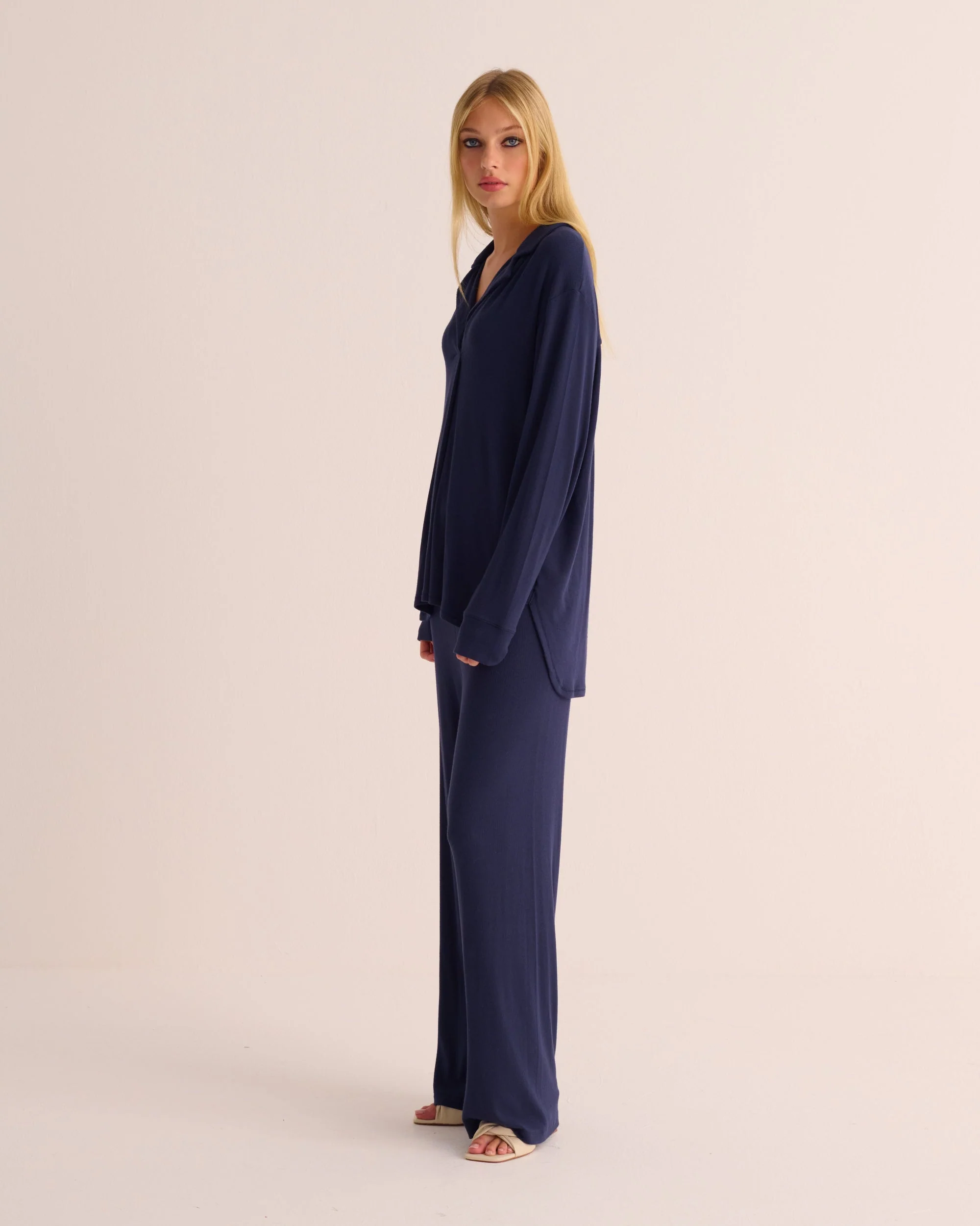 Navy Oversized Retro Ribbed Soft Modal Hero Shirt and Wide Leg Jogger Set - Image 5