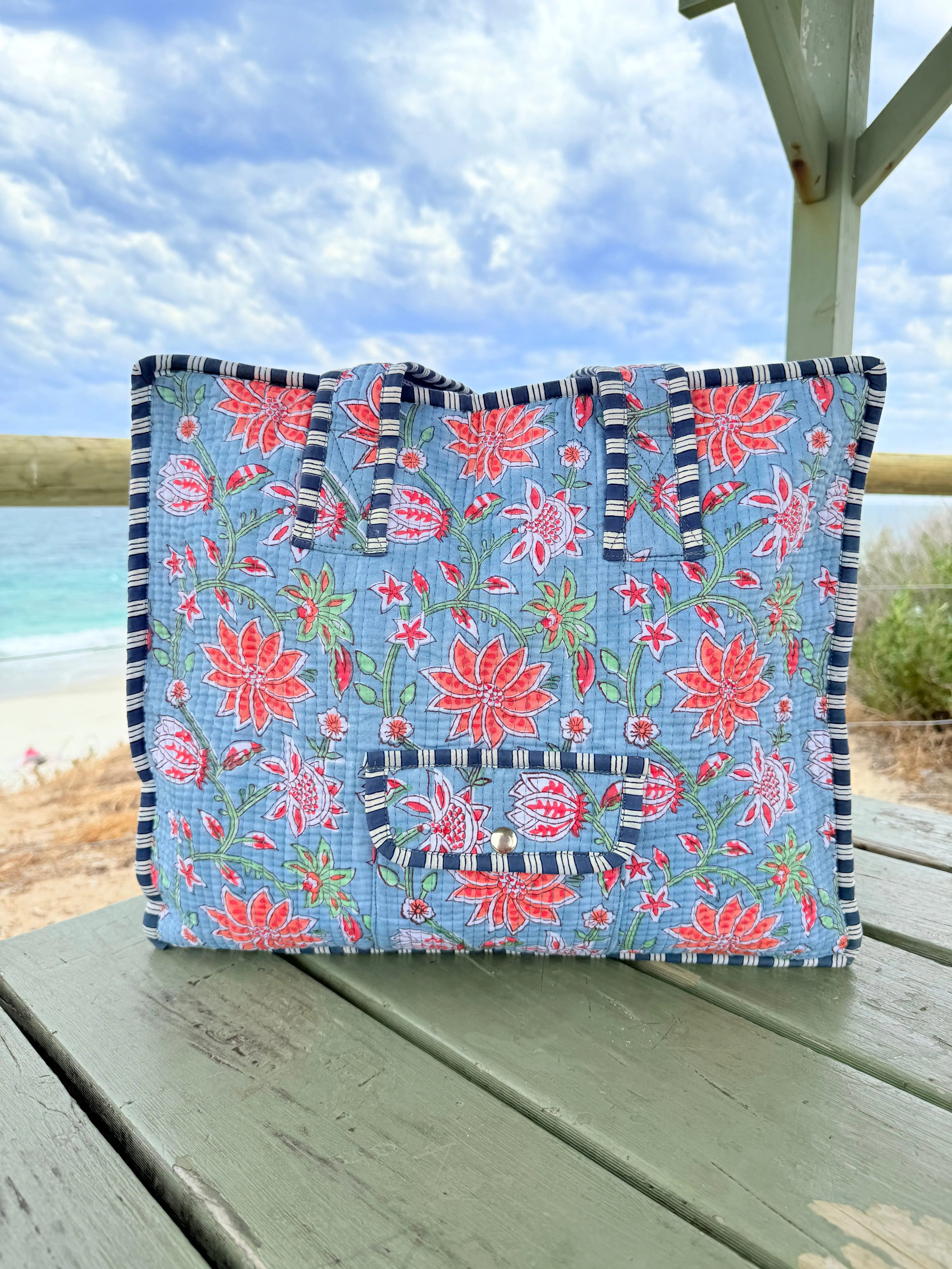 Neel Blue Floral Block Printed tote bag - Image 6