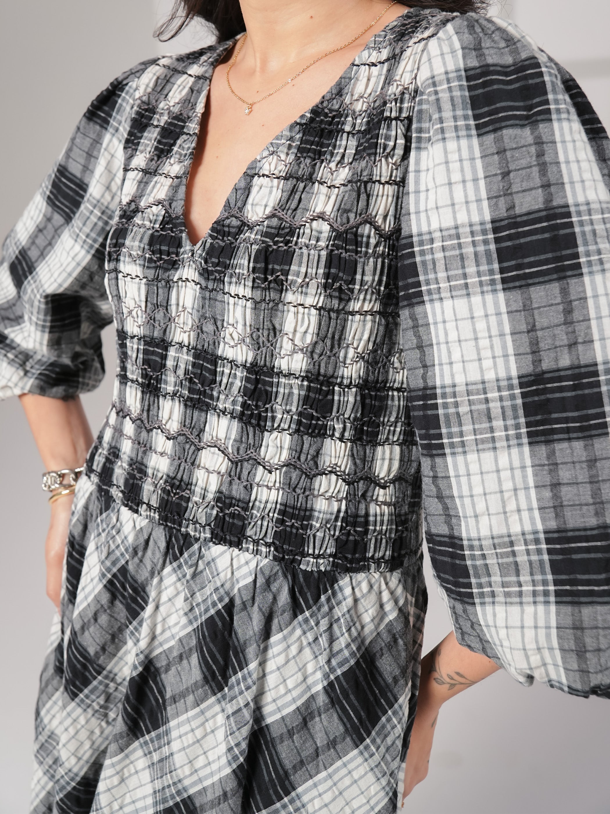 Nella Black and White Check Smocked Midi Dress - Image 4