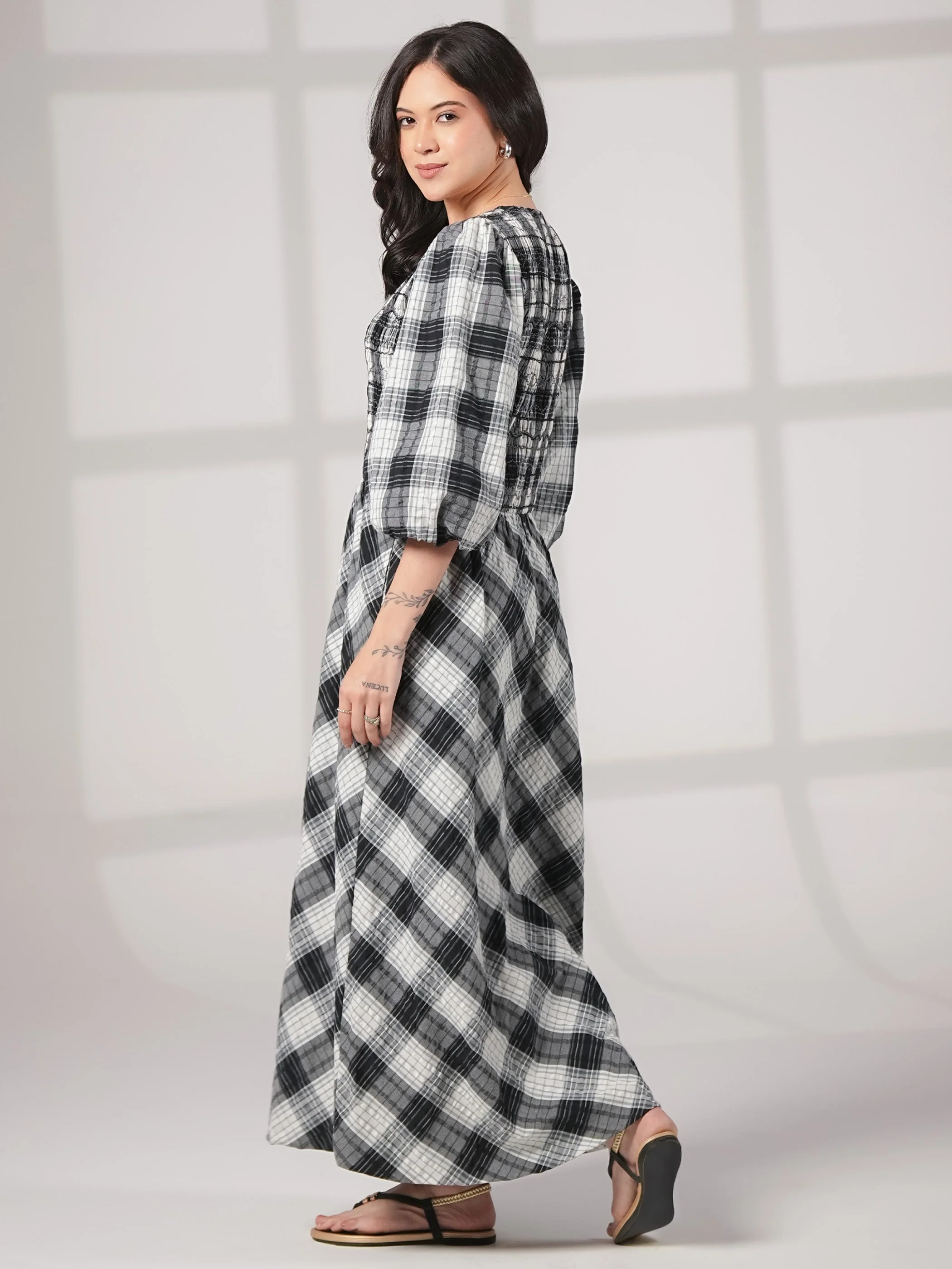 Nella Black and White Check Smocked Midi Dress - Image 5