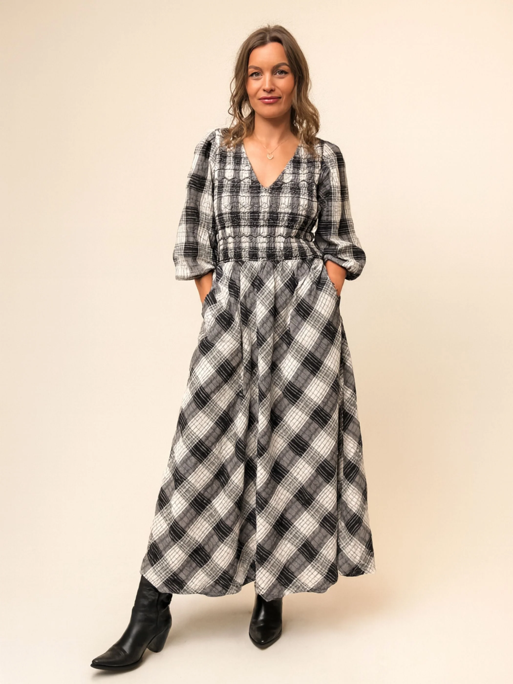 Nella Black and White Check Smocked Midi Dress - Image 7