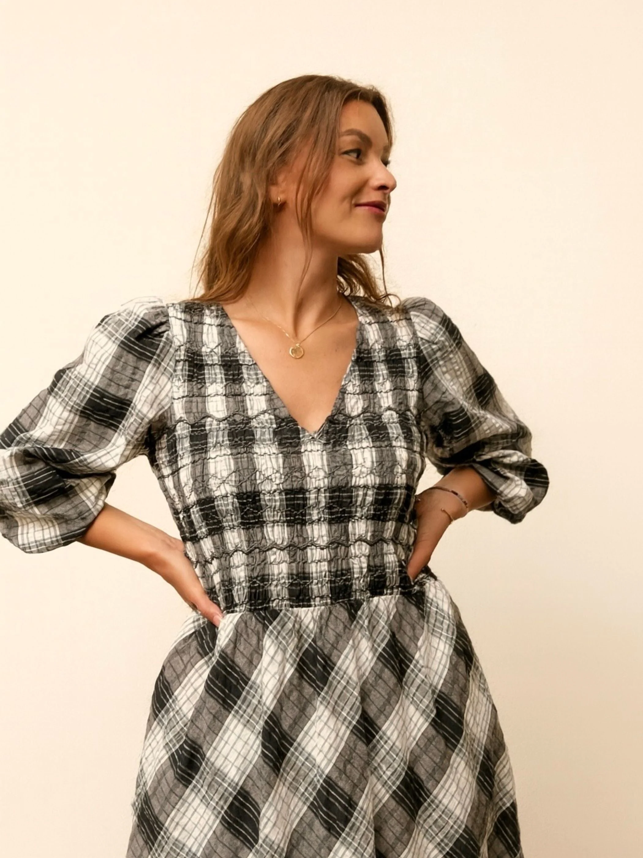 Nella Black and White Check Smocked Midi Dress - Image 8