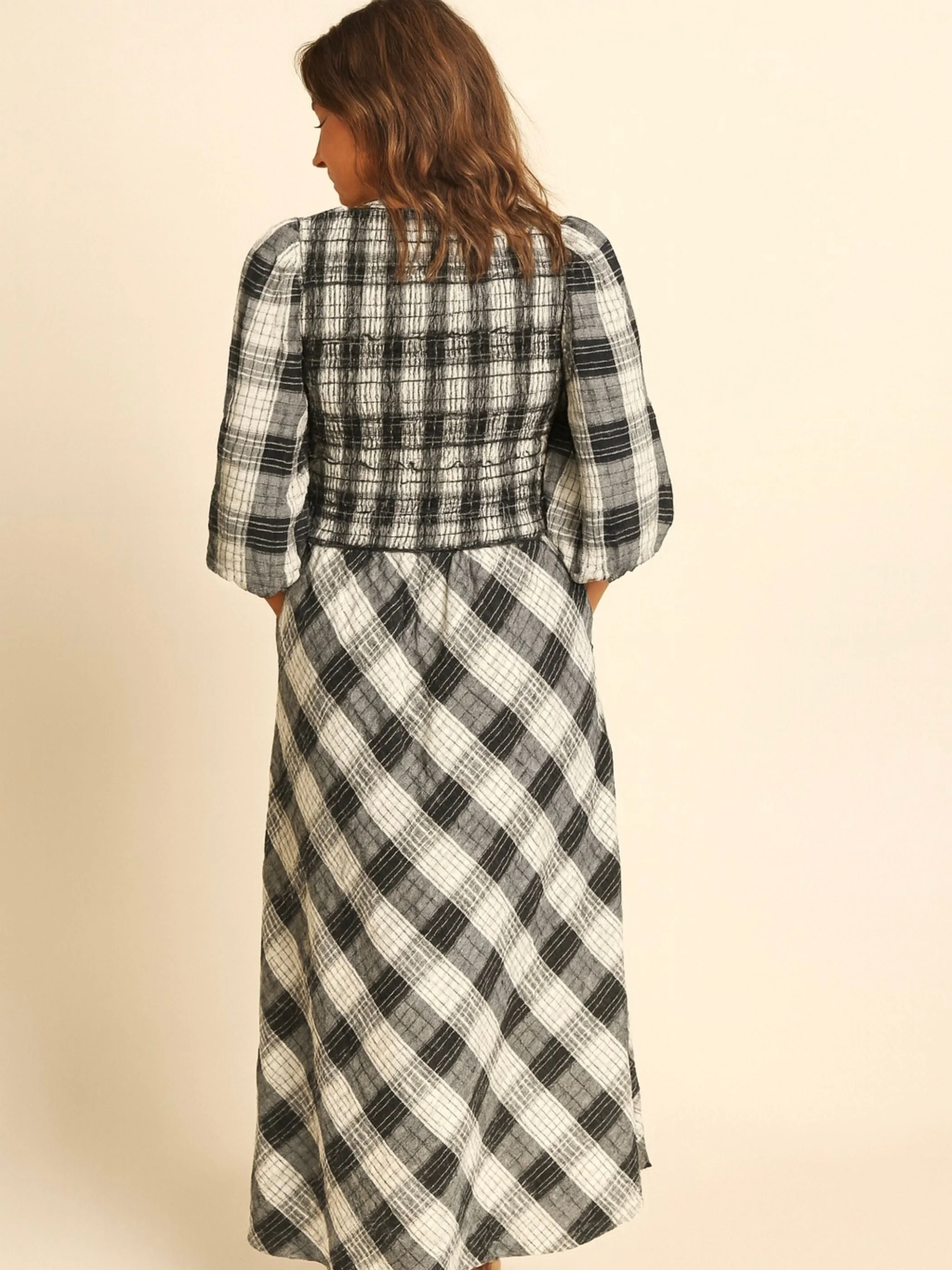 Nella Black and White Check Smocked Midi Dress - Image 9