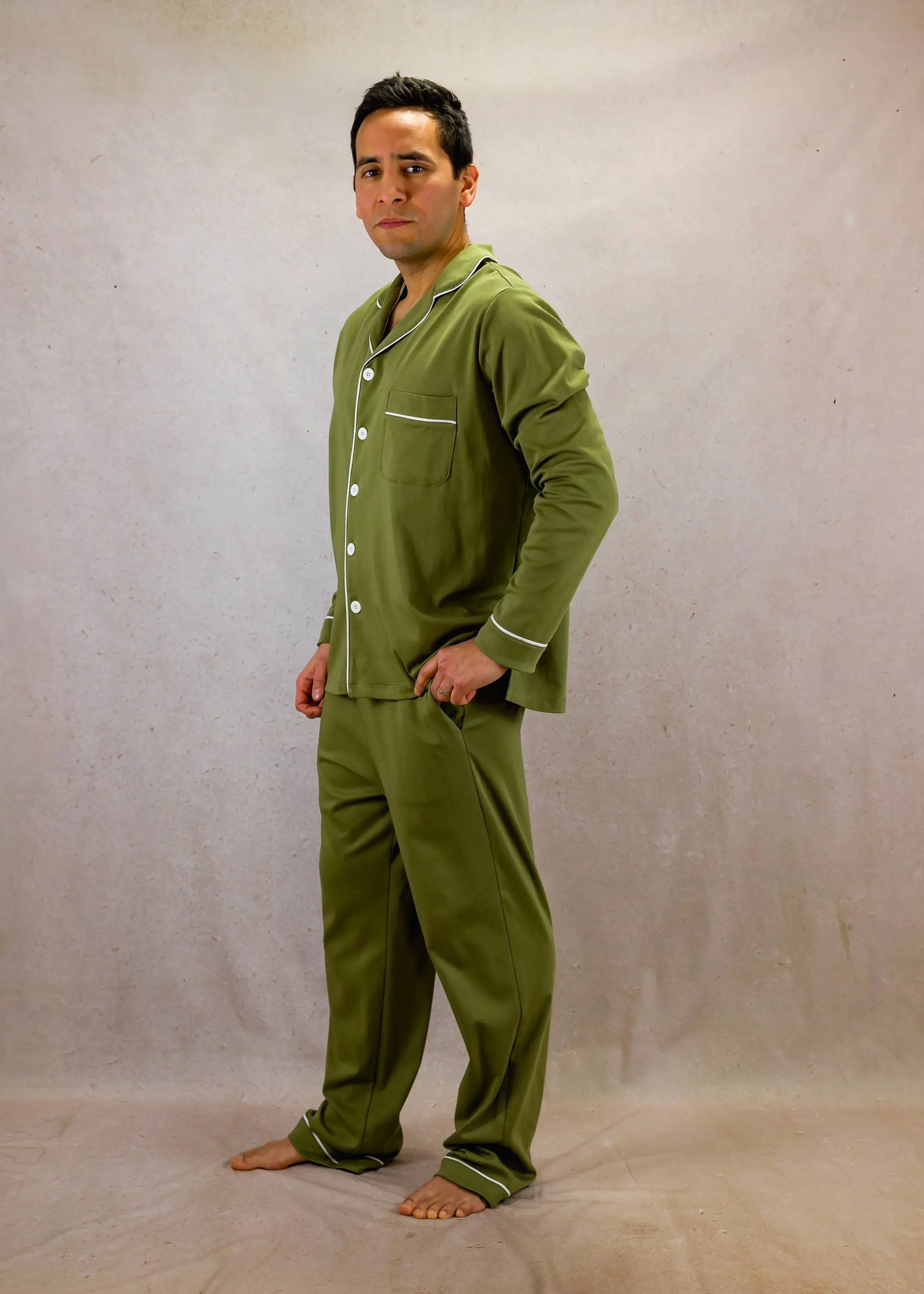 Olive green Mens Pima Cotton Long Sleeve Pyjama Trouser Set - Image 3