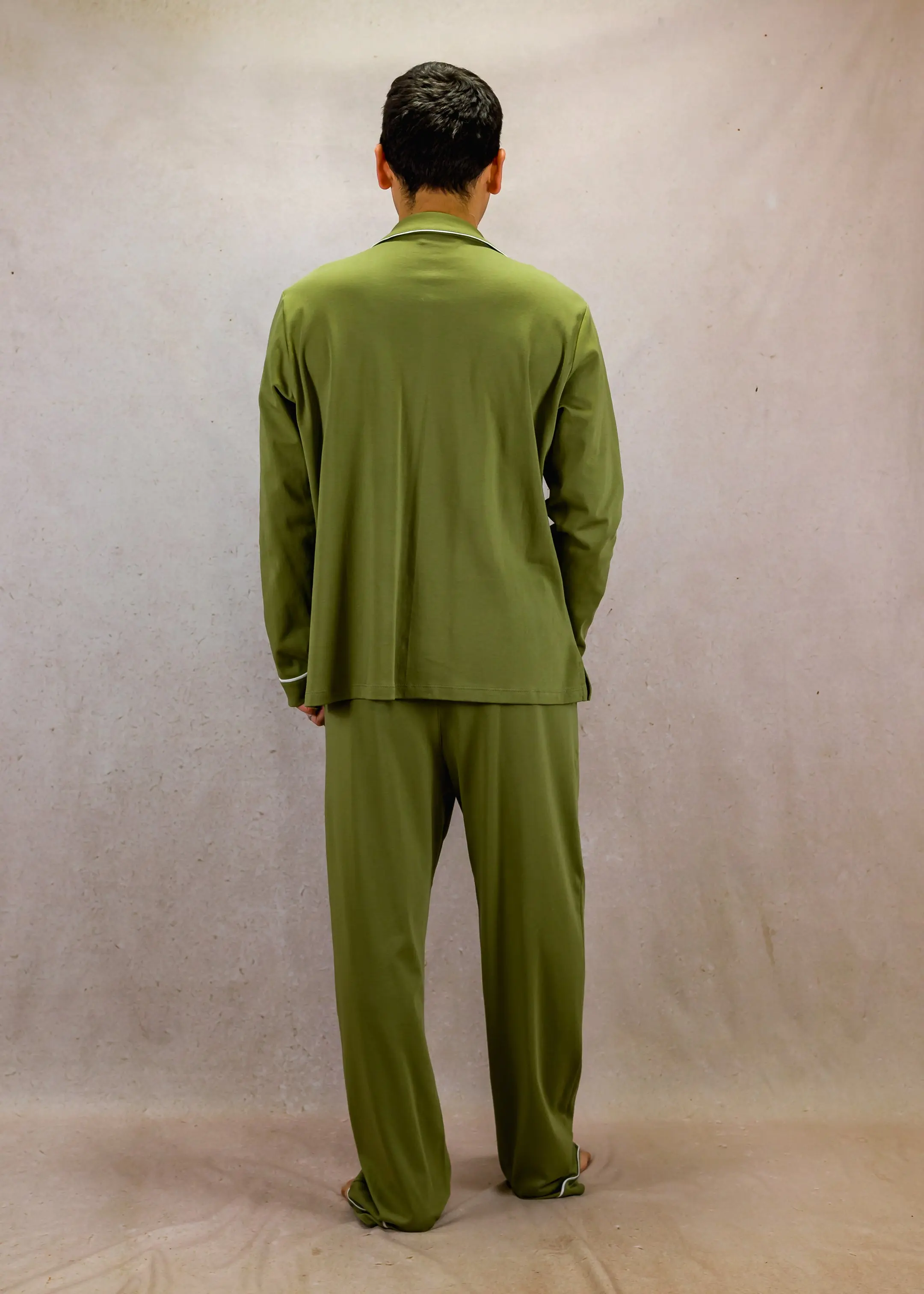 Olive green Mens Pima Cotton Long Sleeve Pyjama Trouser Set - Image 4