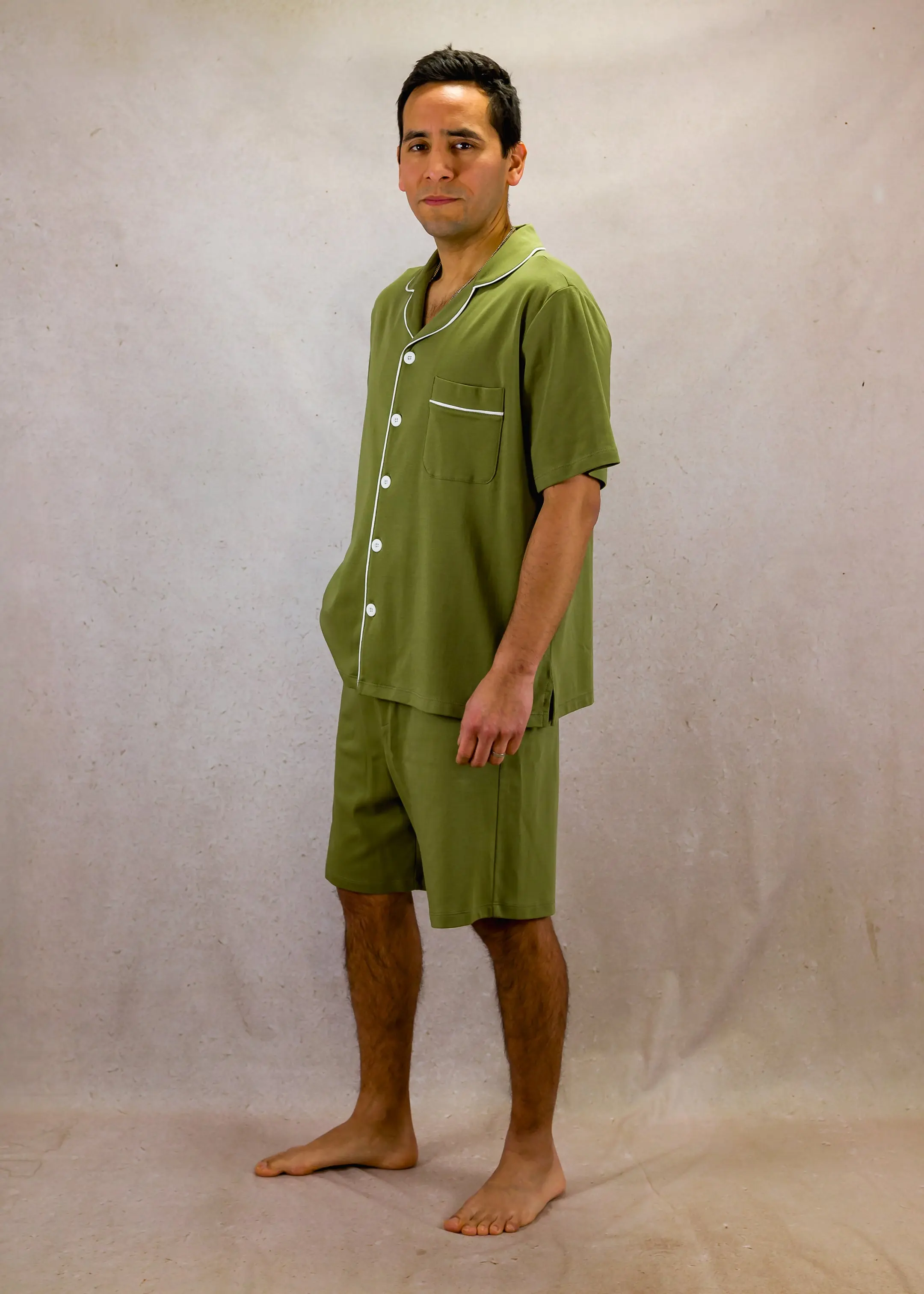 Olive green Mens Pima Cotton Short Sleeve Pyjama Short Set - Image 3