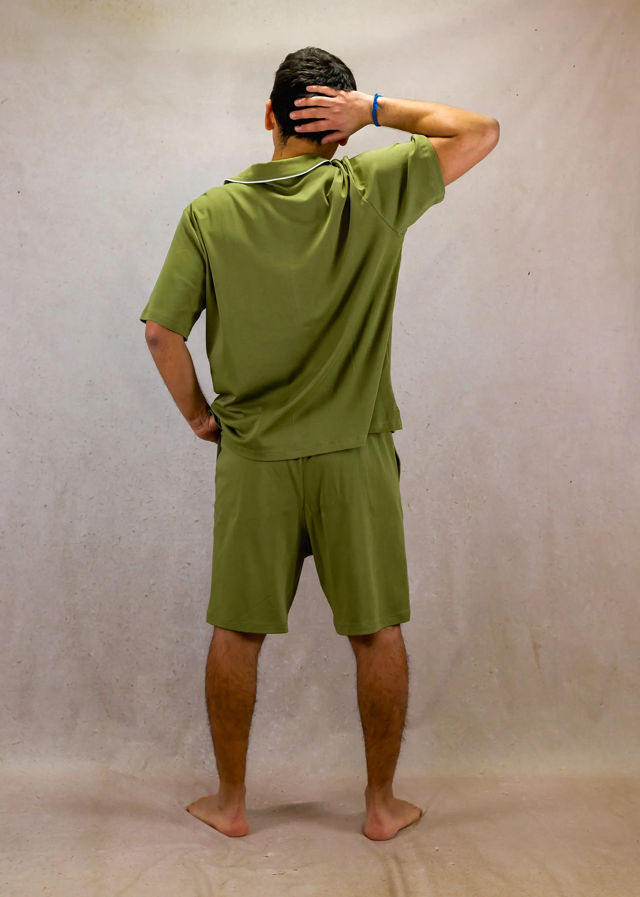 Olive green Mens Pima Cotton Short Sleeve Pyjama Short Set - Image 4