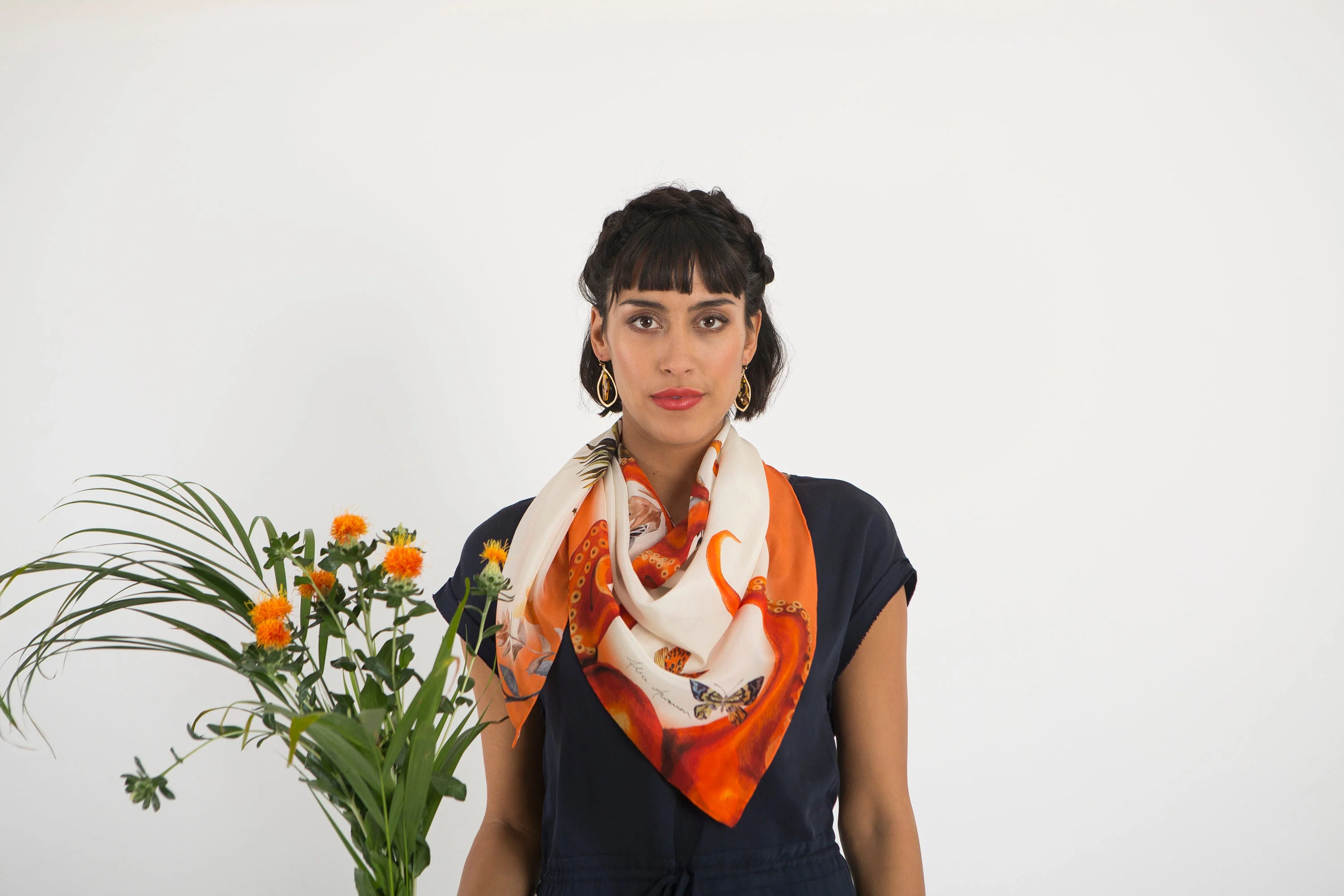 Orange Silk Scarf 'Oracle Silk' is Hand-painted, square Silk Scarf from the Evolution Collection by Alice Acreman silks - Image 4