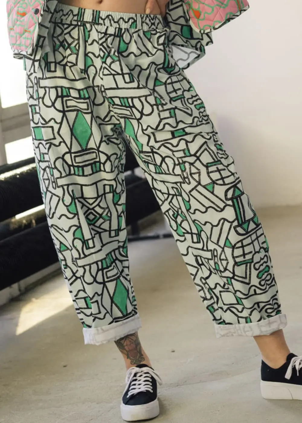 Organic Cotton and Linen Balloon Trousers in Circuit Garden