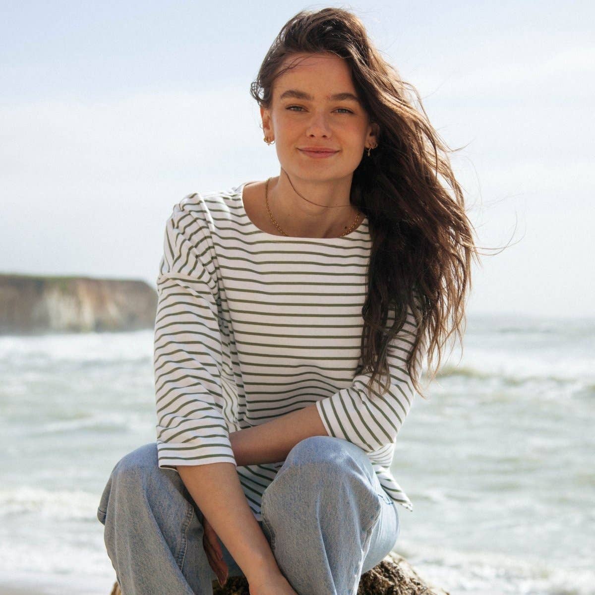 Organic Cotton Striped Boat Neck Top: Womens - Image 3