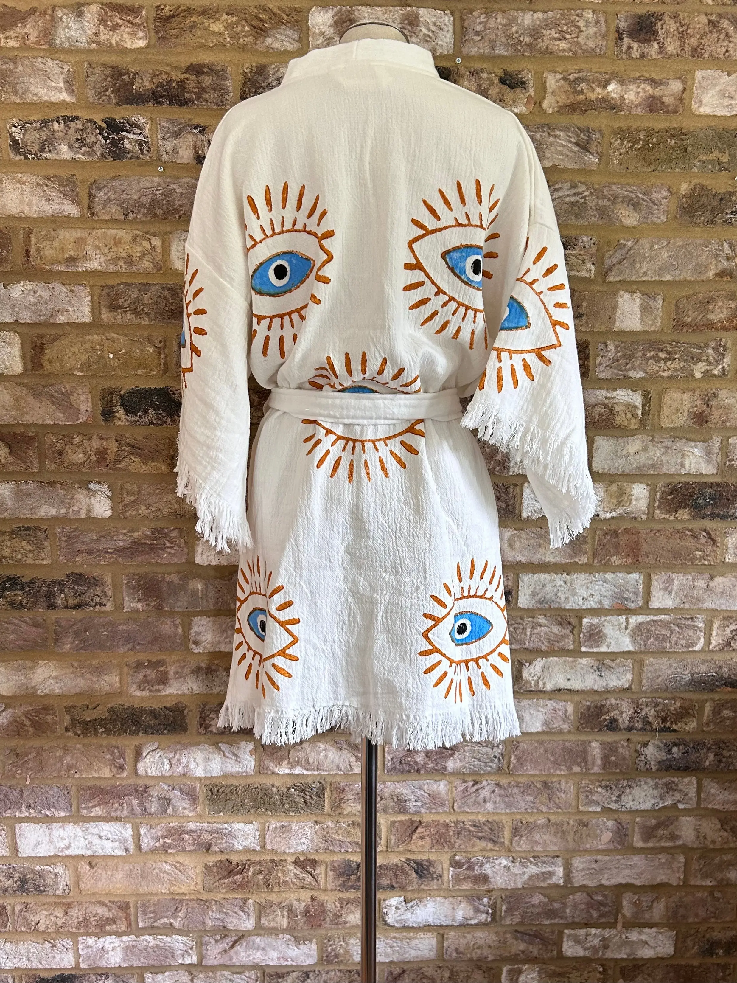 Organic Kimono in White with Orange & Blue Eye: Short - Image 2