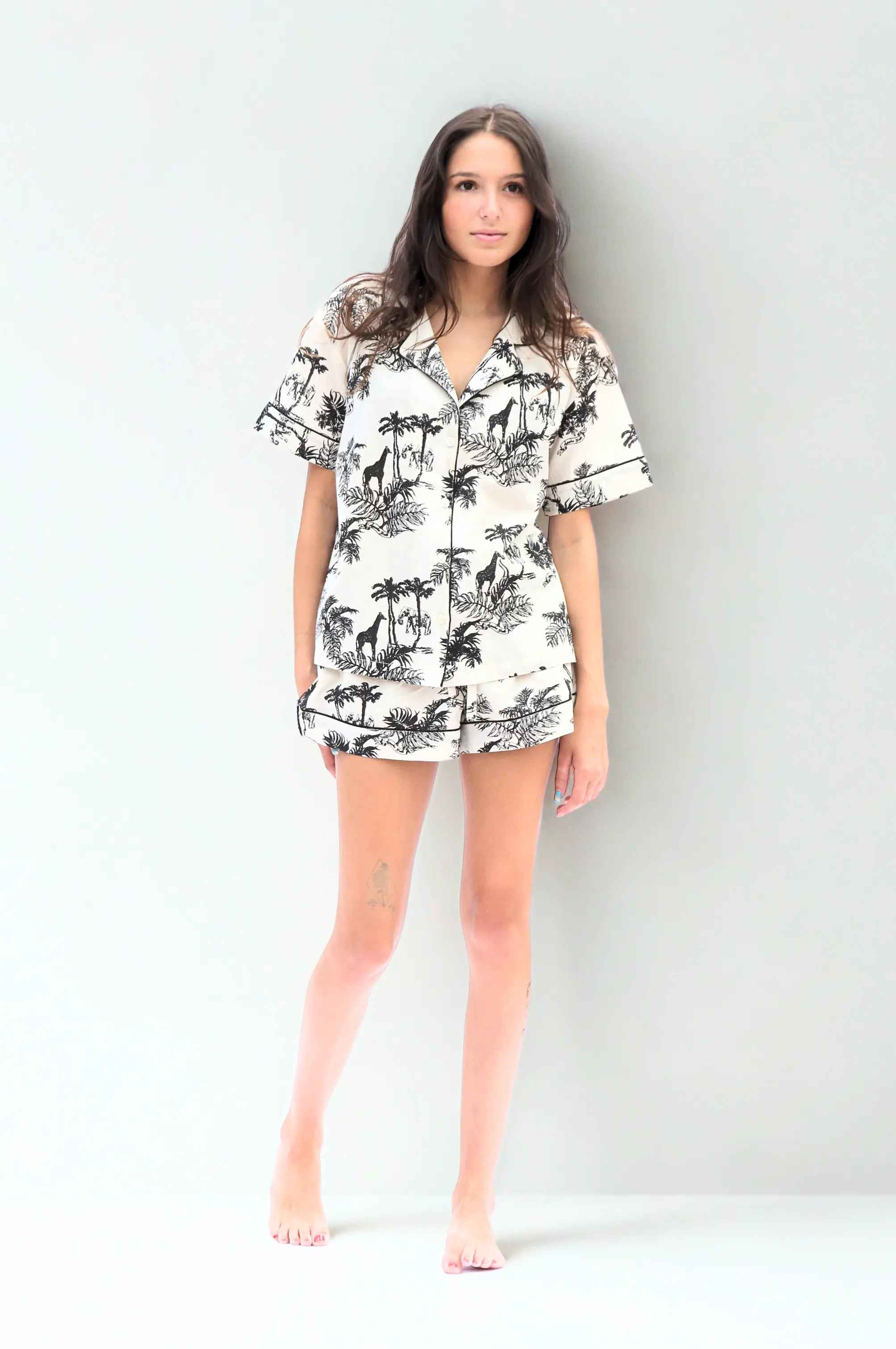 Paloma Short Sleeve Organic Cotton Pyjama Set, Cream & Black Print