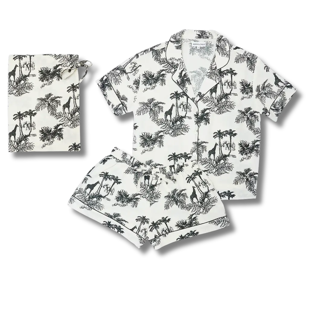 Paloma Short Sleeve Organic Cotton Pyjama Set, Cream & Black Print - Image 6