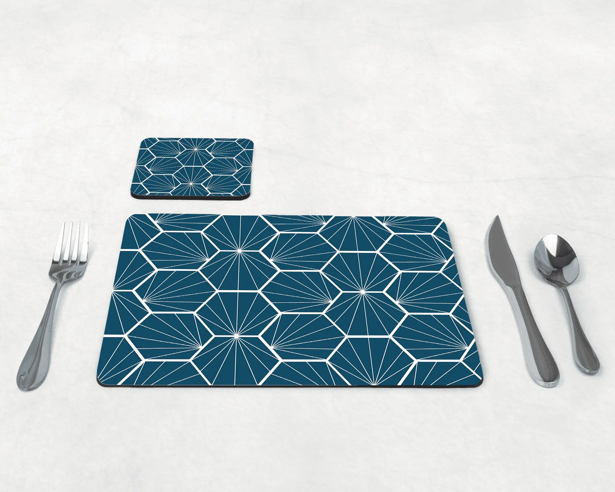 Peacock Blue Geometric Hexagons Placemats, Set of 4 or Set of 6 - Image 4
