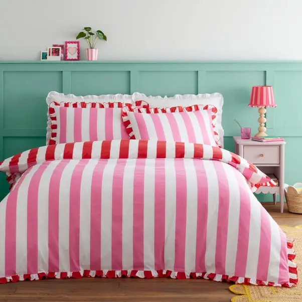 Pink Emmy Frilled Stripe 100% Cotton Duvet Cover and Pillowcase Set