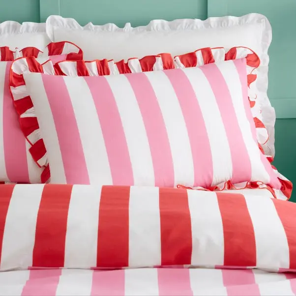 Pink Emmy Frilled Stripe 100% Cotton Duvet Cover and Pillowcase Set - Image 2