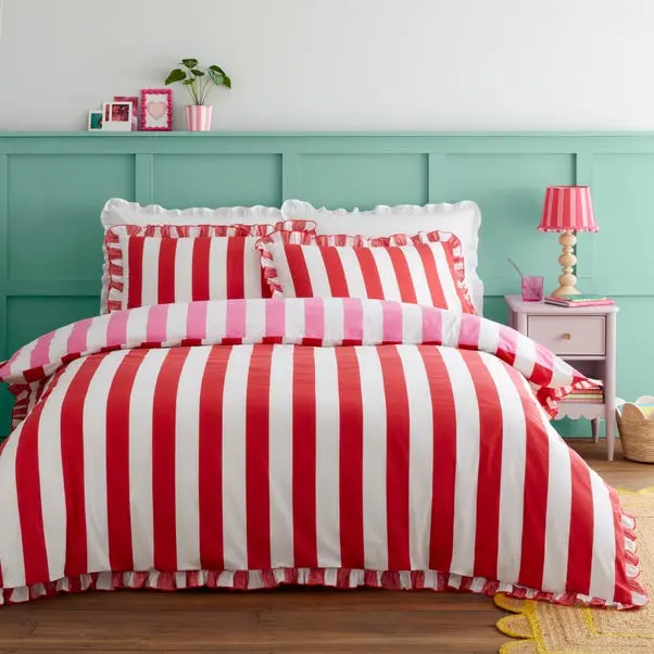 Pink Emmy Frilled Stripe 100% Cotton Duvet Cover and Pillowcase Set - Image 3