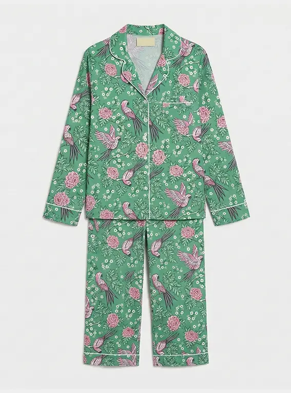 Pink Parrot on Green Women's Satin Pyjama Trouser Set