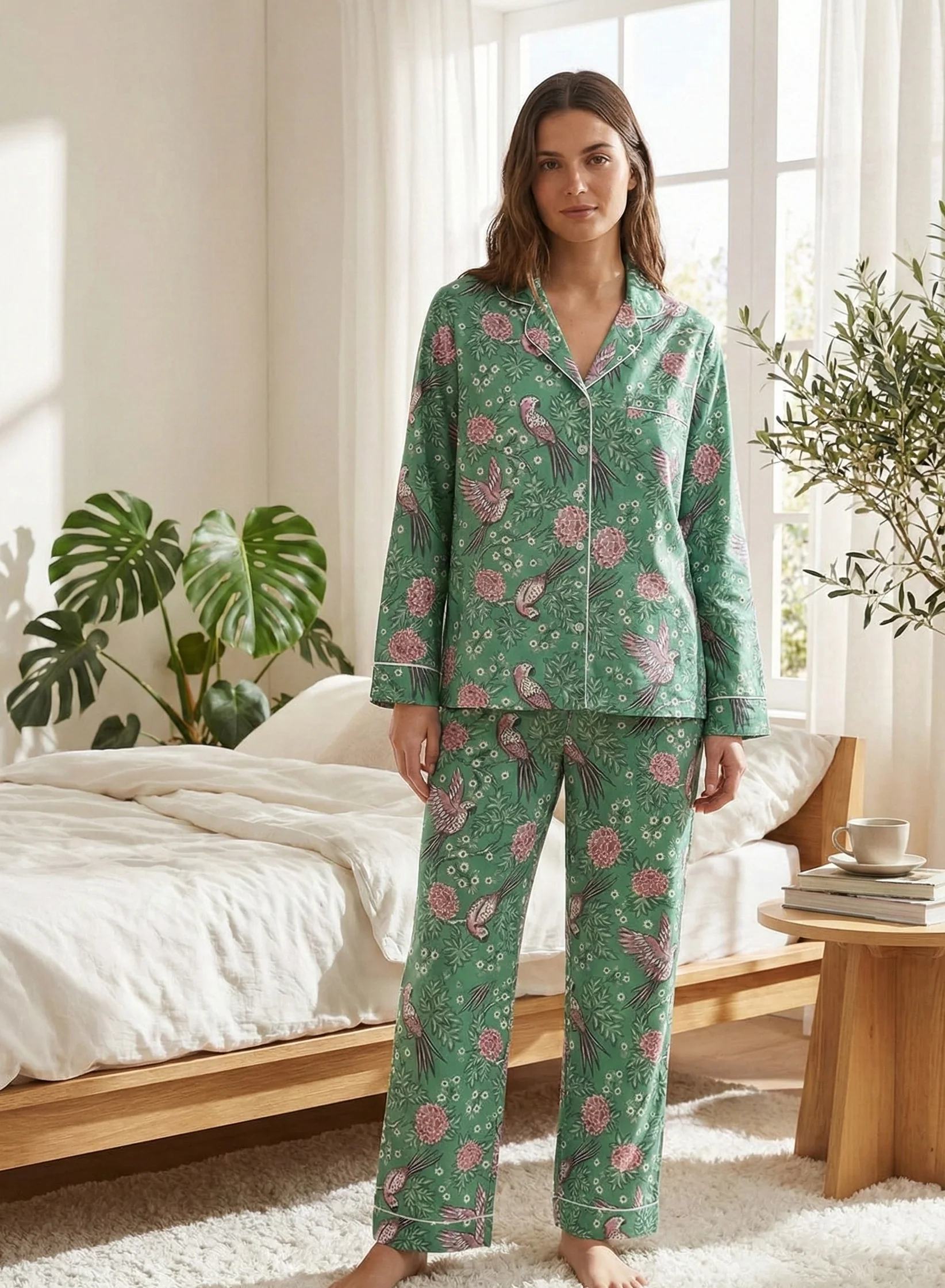 Pink Parrot on Green Women's Satin Pyjama Trouser Set - Image 2