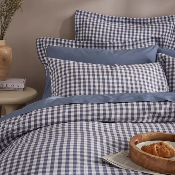 Folkstone Blue Portloe Woven Gingham Duvet Cover & Pillowcase Set