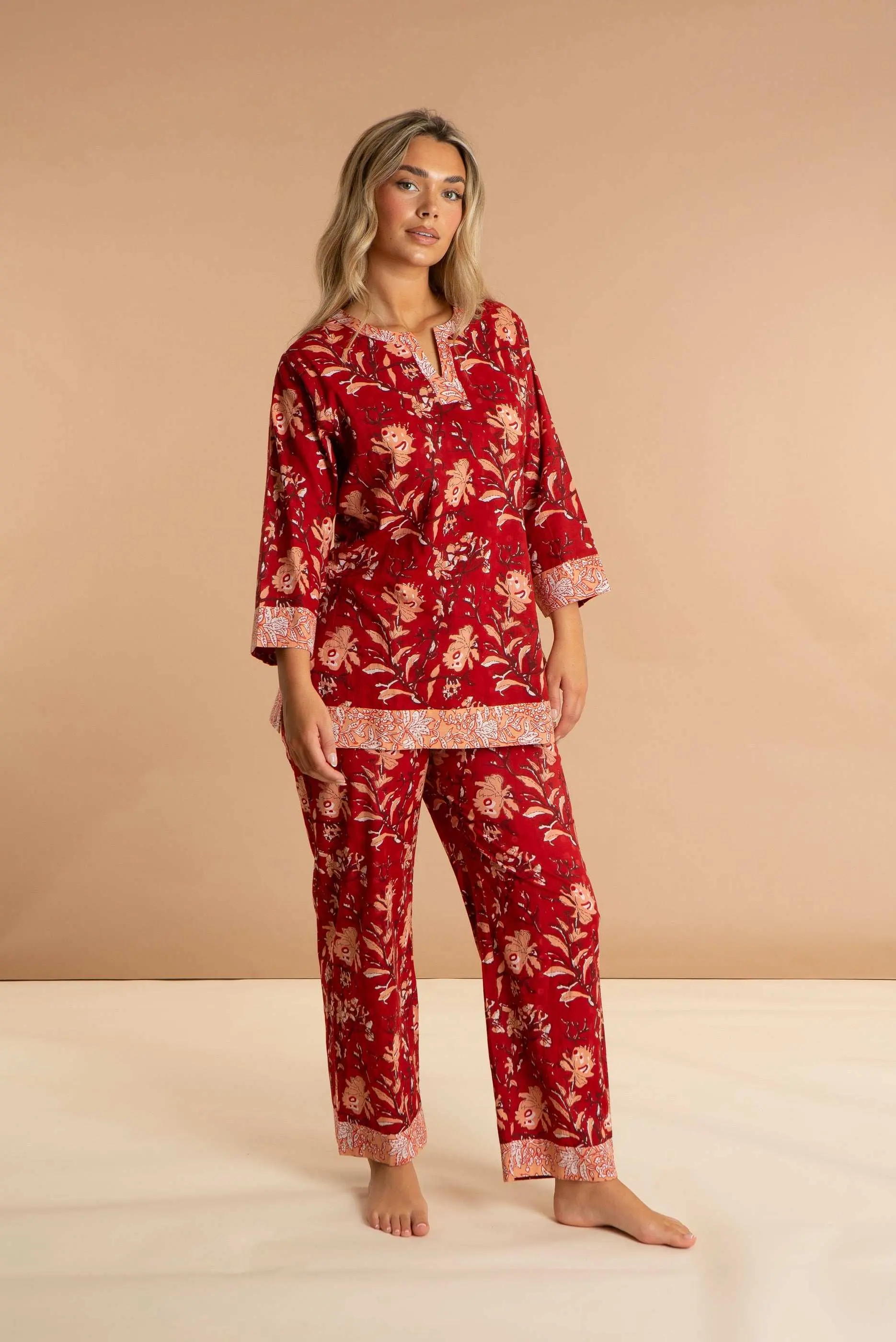 Red Rubra Women's Floral Cotton Pyjama Trouser Set